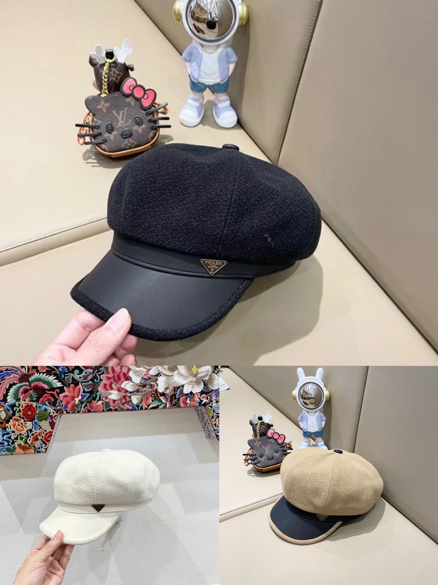 PRADA普拉达帽子女秋冬新款毛呢Pu皮檐拼接八角帽英伦复古百搭显脸小贝雷帽潮