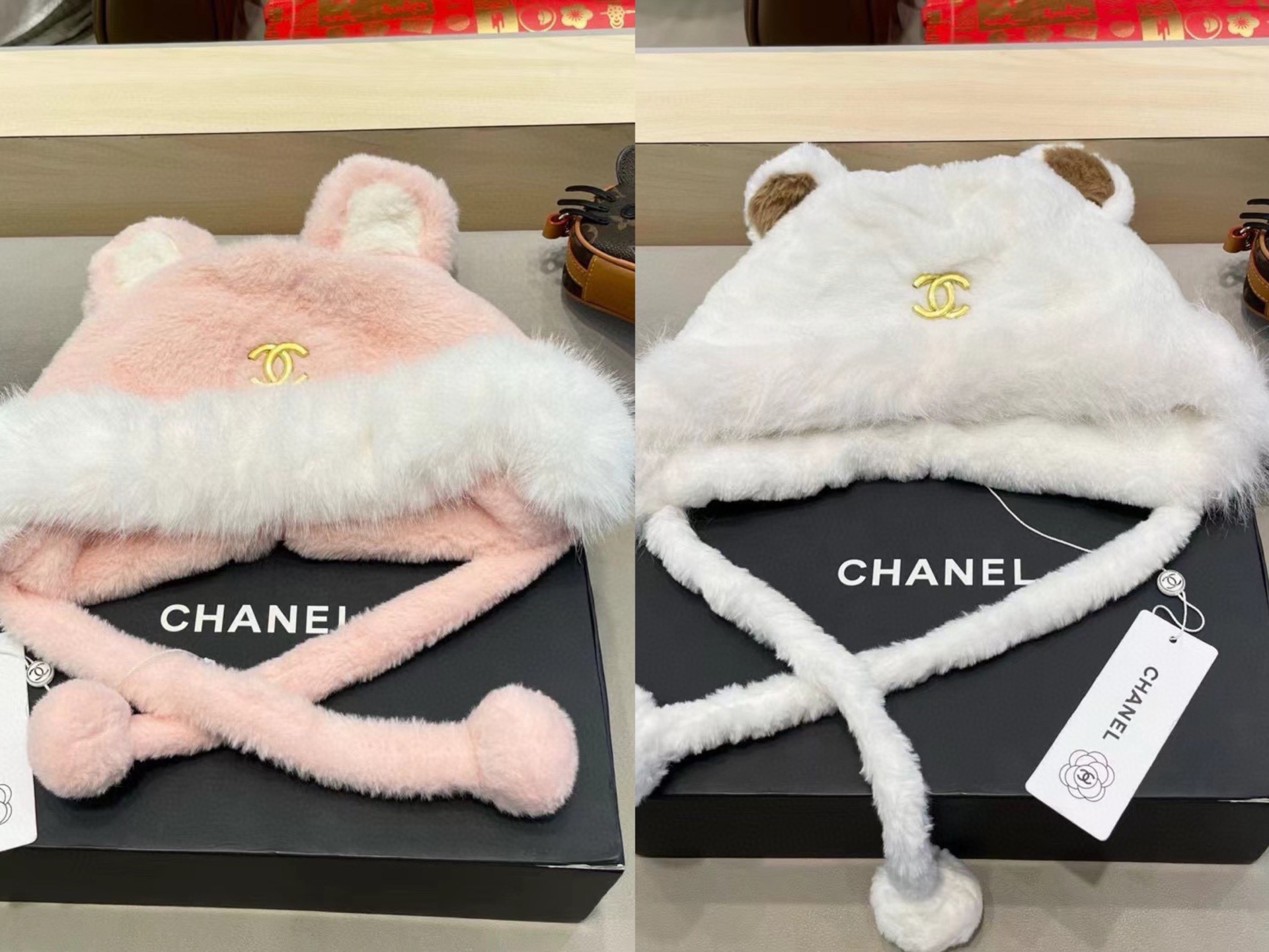 Chanel 日系可爱小熊耳朵拼色毛绒雷锋帽子女秋冬季加厚保暖防风护耳帽潮