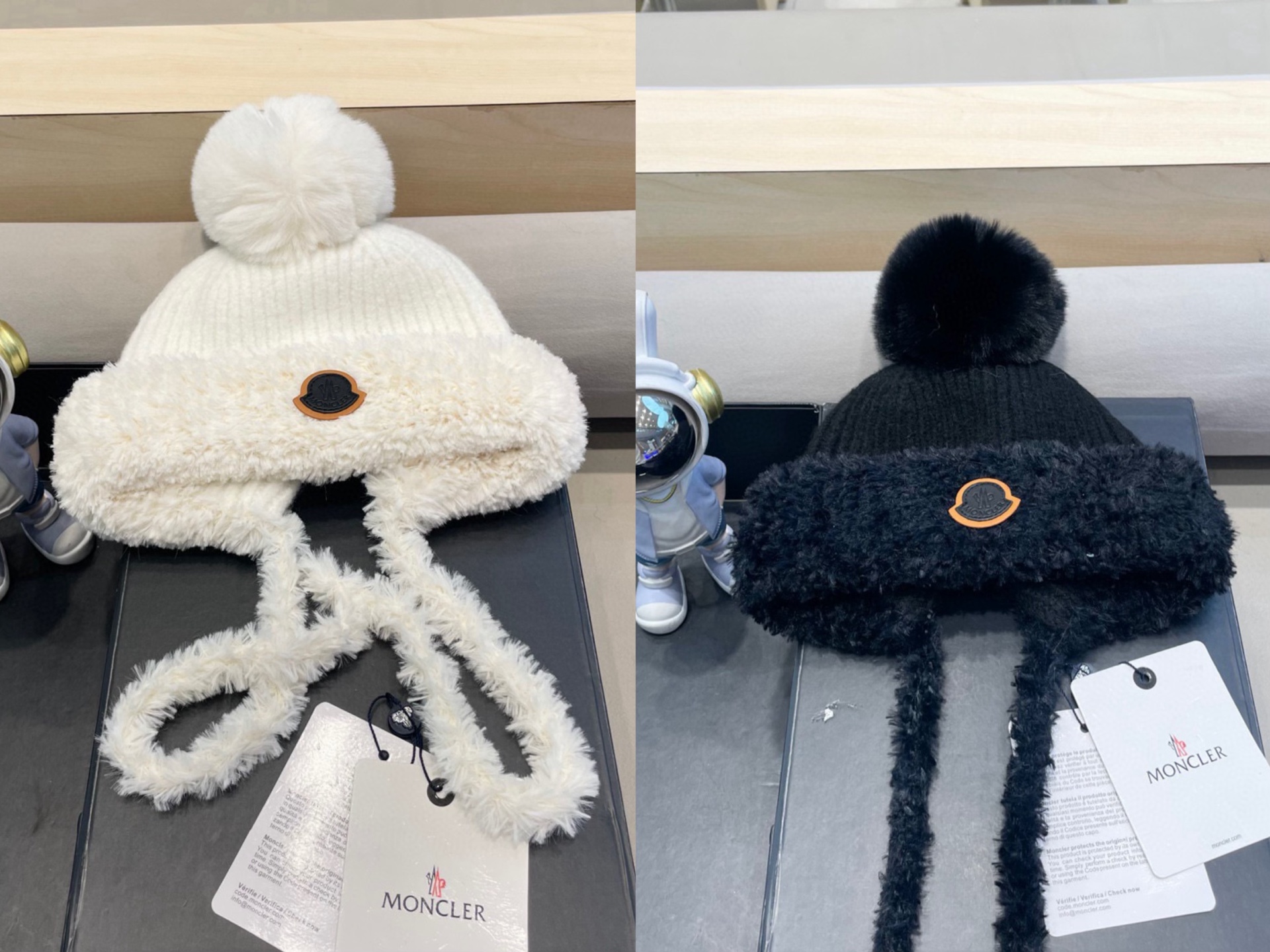 moncler针织帽子女新款保暖加厚防寒毛绒球可爱系带护耳帽潮