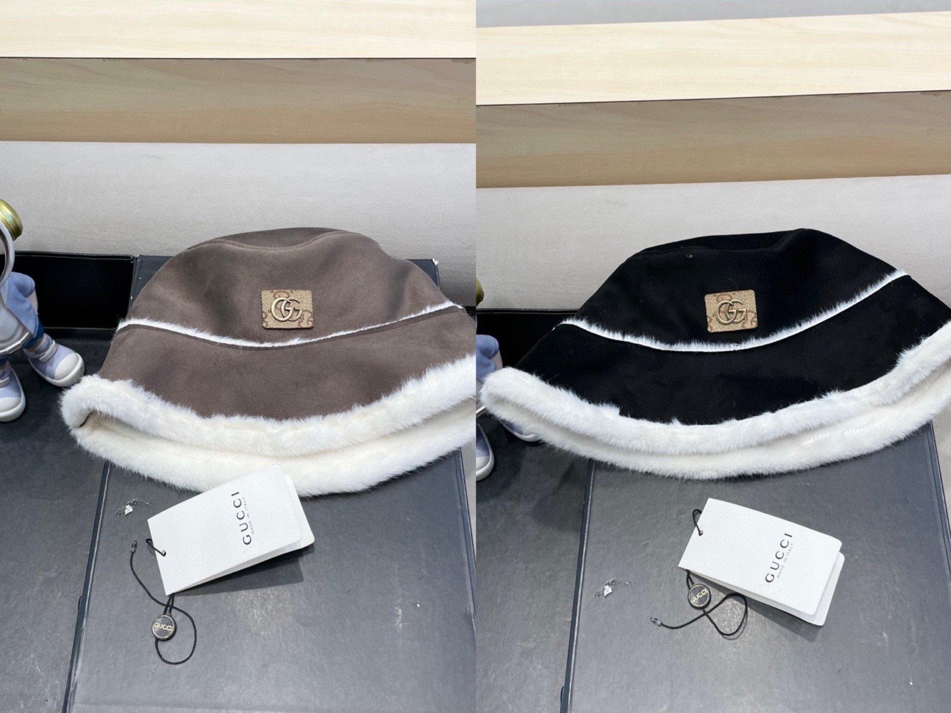 Gucci复古麂皮绒渔夫帽子女秋冬百搭加厚保暖显脸小毛绒帽遮素颜水桶帽