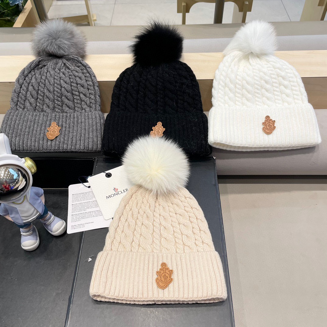 moncler韩版秋冬新款兔毛针织麻花纹毛线帽真狐狸毛球针织帽保暖百搭潮