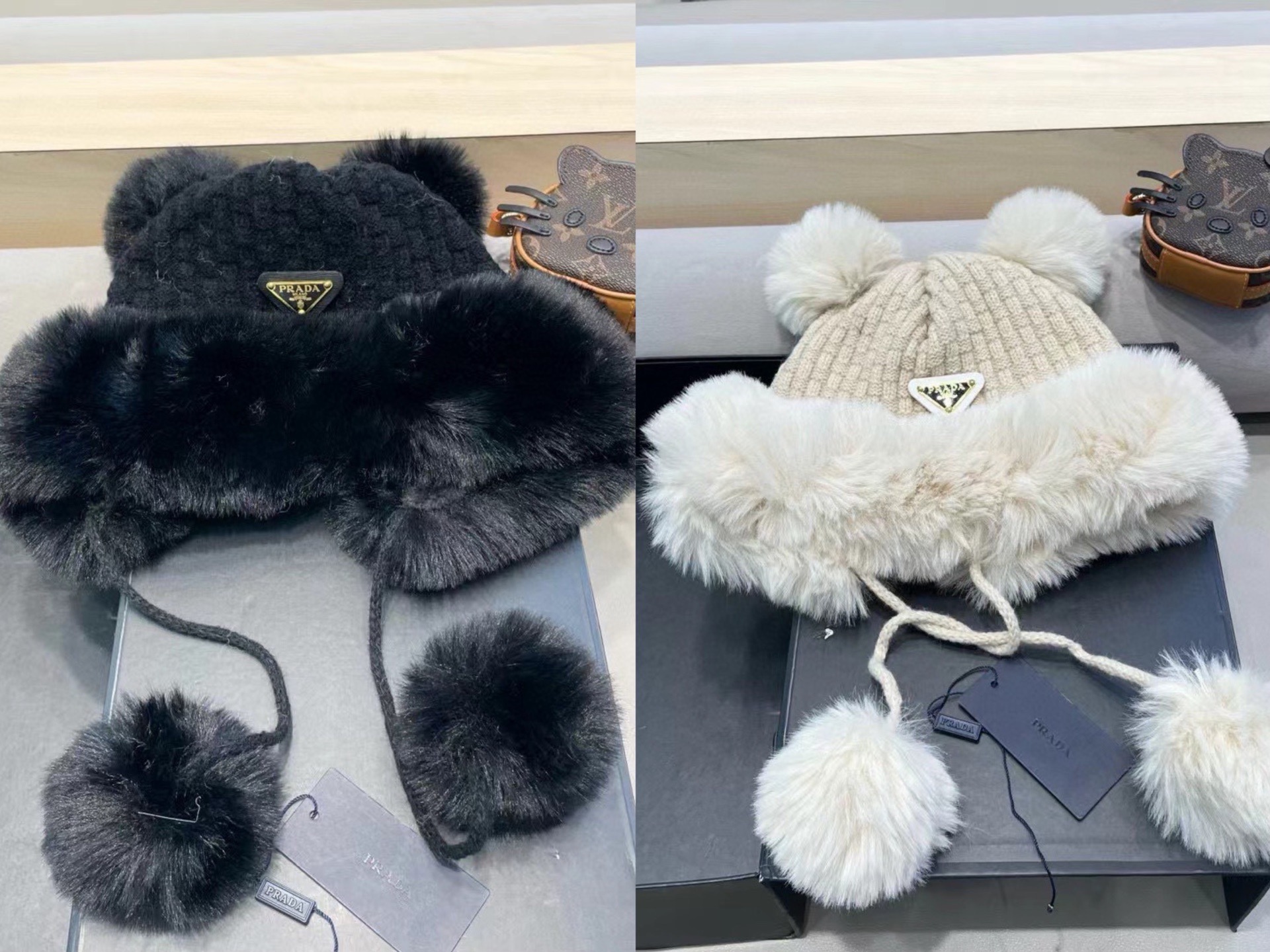 普拉达Prada加厚针织毛线帽子女士冬季可爱毛球套头帽保暖加绒护耳防寒雷锋帽