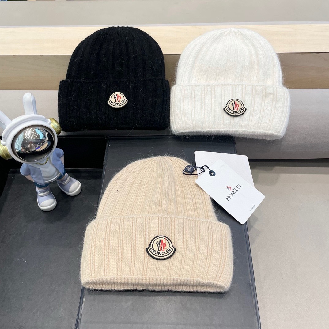 moncler蒙口米色兔毛针织毛线帽大头围包头秋冬保暖护耳冷帽