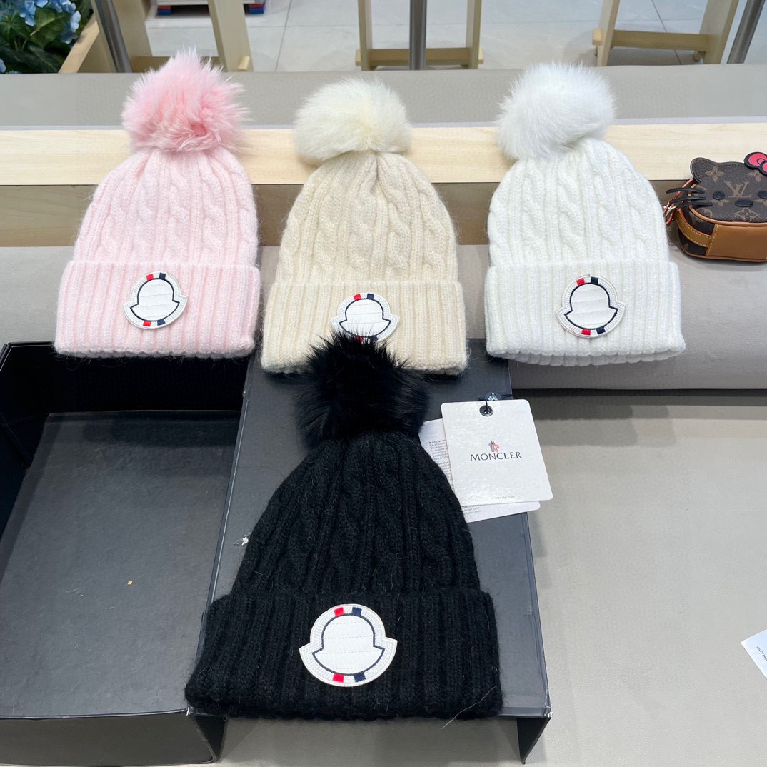 moncler帽子女韩版秋冬狐狸毛球毛线帽潮百搭套头帽麻花纹羊毛混纺针织帽
