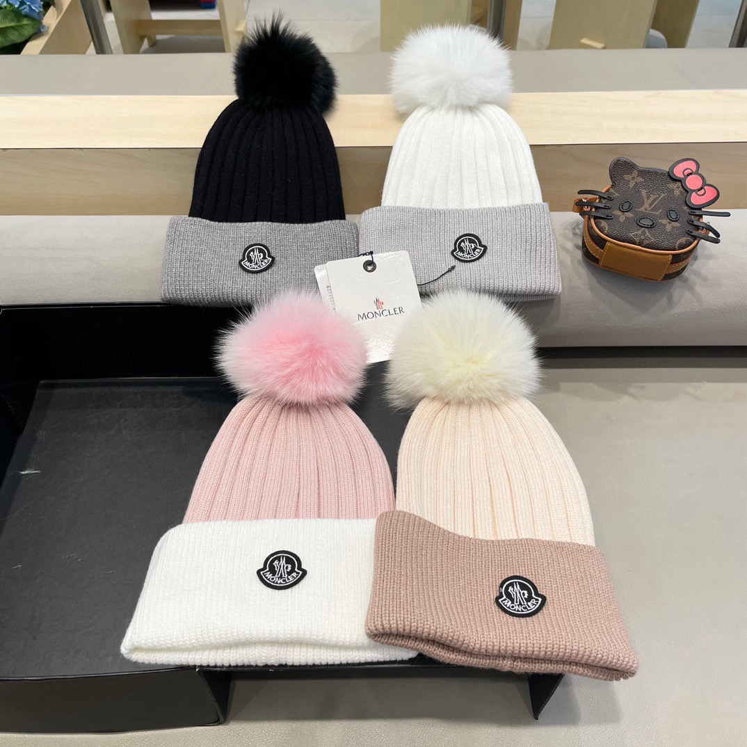 蒙口moncler针织拼色帽子女秋冬季真狐狸毛球毛线帽防寒冬天加厚保暖护耳韩版百搭