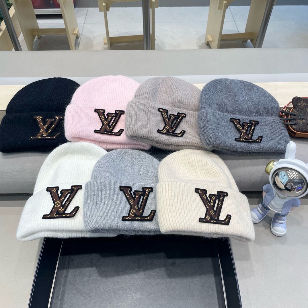 lv路易威登兔毛粗线针织帽女秋冬新款毛线帽大头围针织帽男款白色冷帽子
