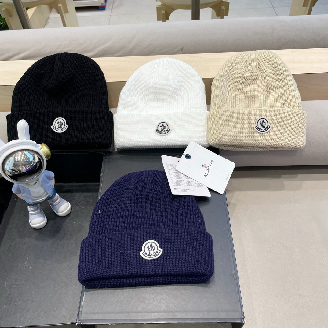 moncler美式针织冷帽大头围毛线帽子女保暖堆堆帽大脸显脸小护耳帽黑