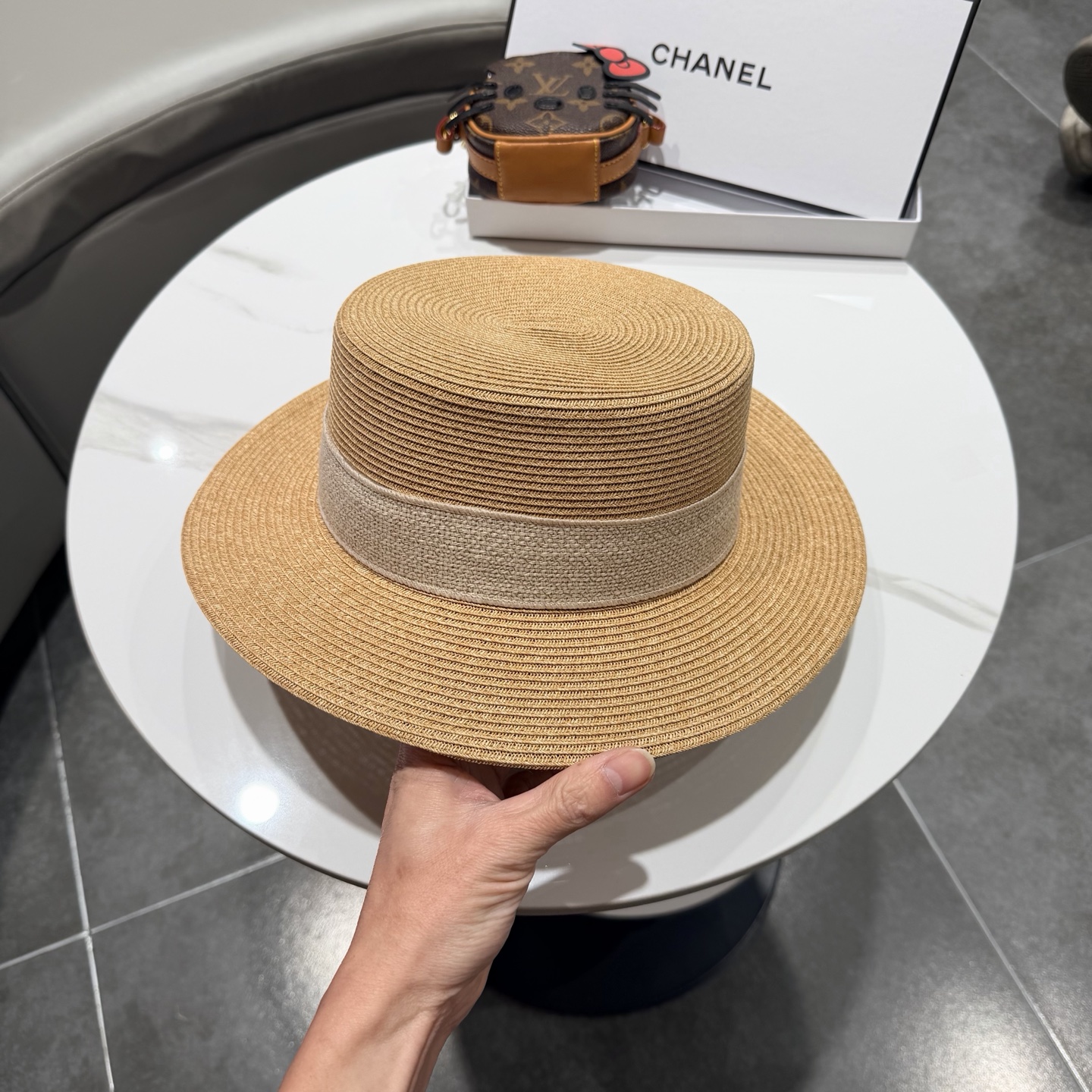 Chanel气质优雅礼帽法式名媛风大头围帽子平顶草帽海边度假太阳帽防晒帽