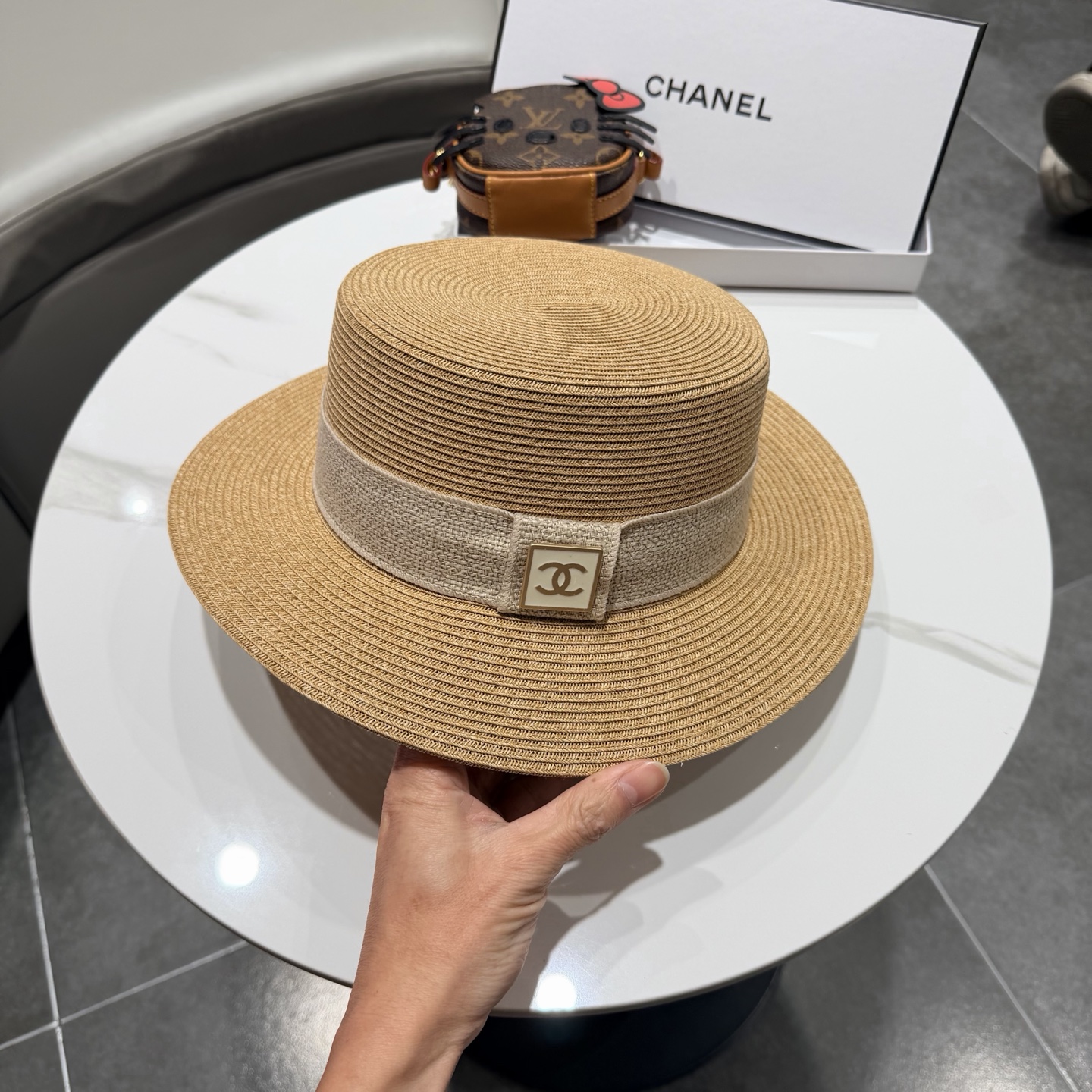 Chanel气质优雅礼帽法式名媛风大头围帽子平顶草帽海边度假太阳帽防晒帽