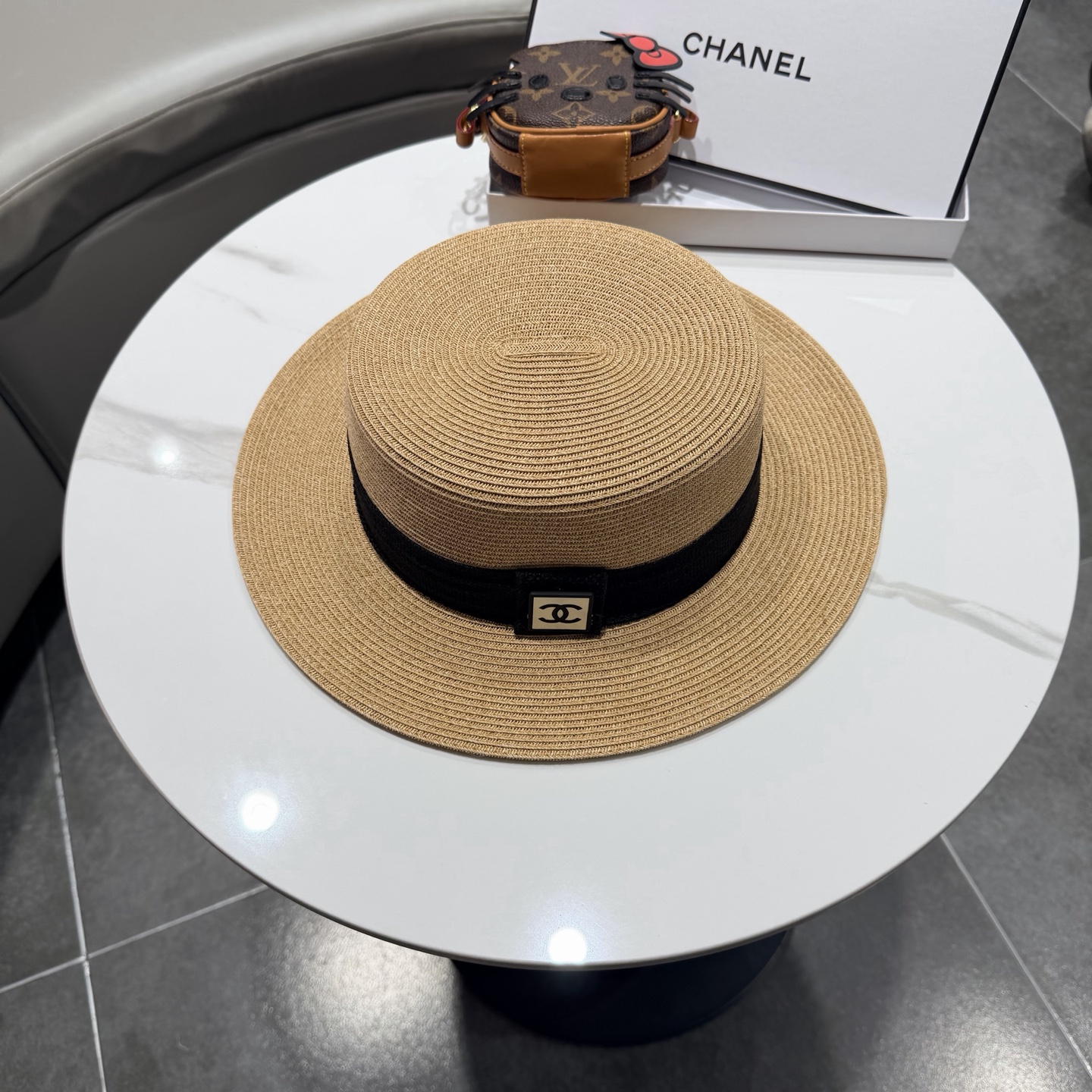 Chanel气质优雅礼帽法式名媛风大头围帽子平顶草帽海边度假太阳帽防晒帽