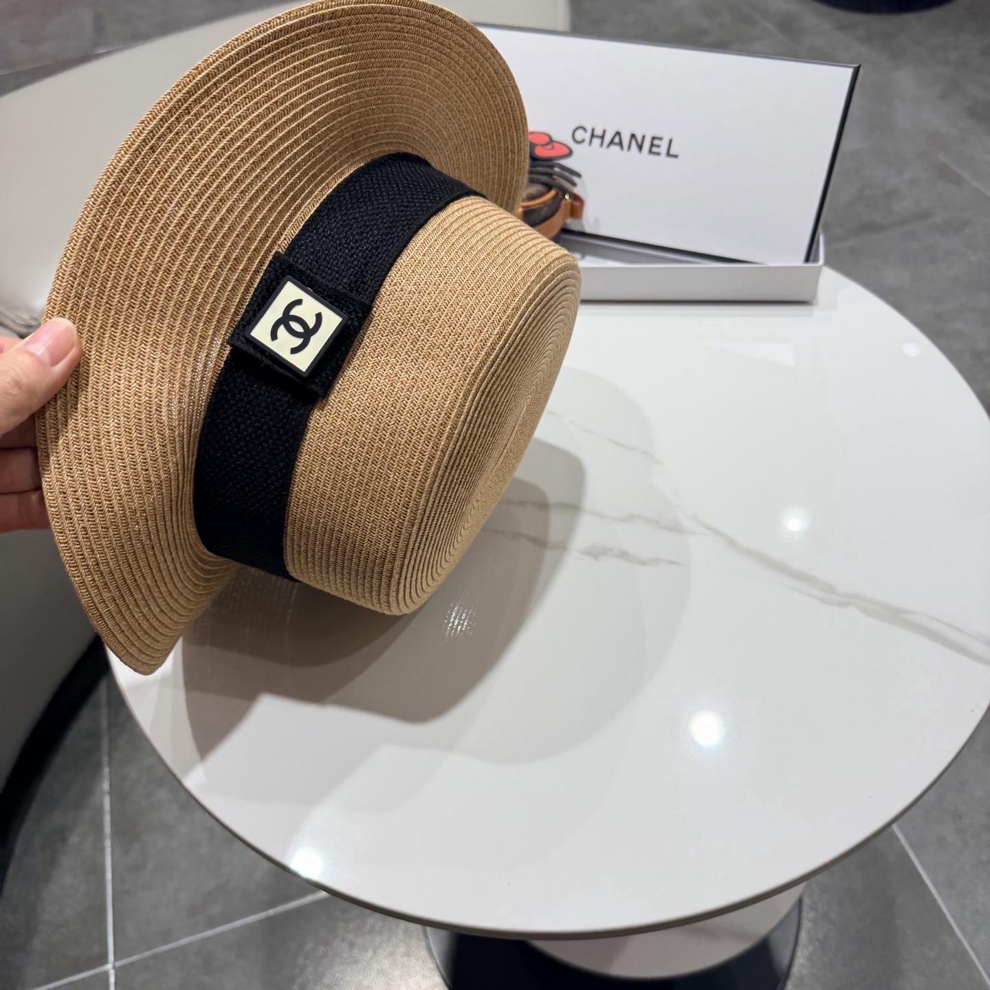 Chanel气质优雅礼帽法式名媛风大头围帽子平顶草帽海边度假太阳帽防晒帽