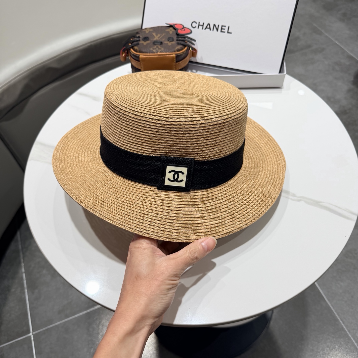 Chanel气质优雅礼帽法式名媛风大头围帽子平顶草帽海边度假太阳帽防晒帽