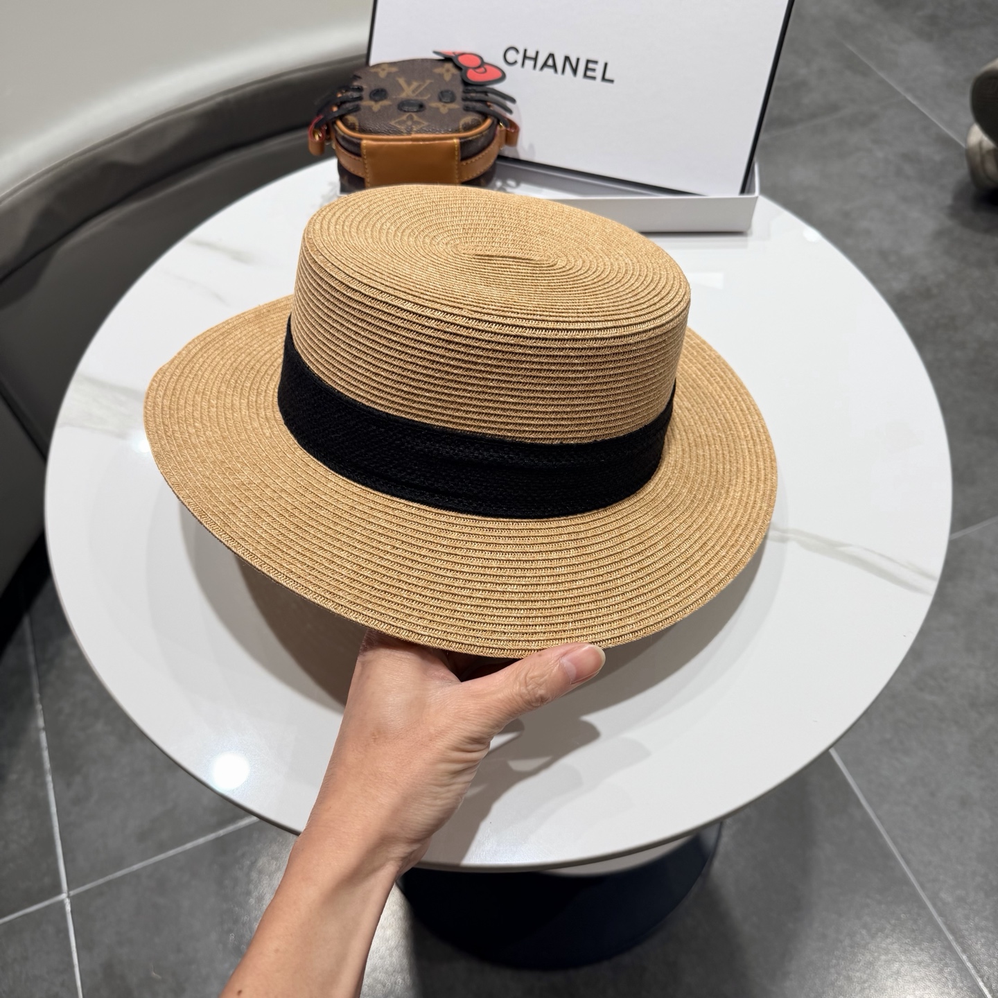 Chanel气质优雅礼帽法式名媛风大头围帽子平顶草帽海边度假太阳帽防晒帽