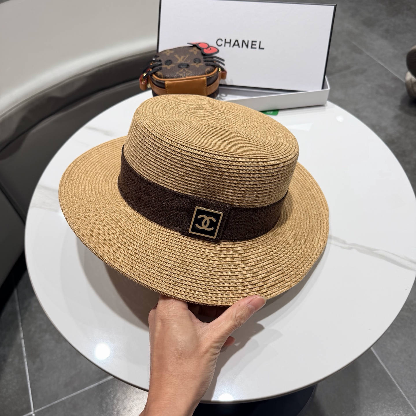 Chanel气质优雅礼帽法式名媛风大头围帽子平顶草帽海边度假太阳帽防晒帽