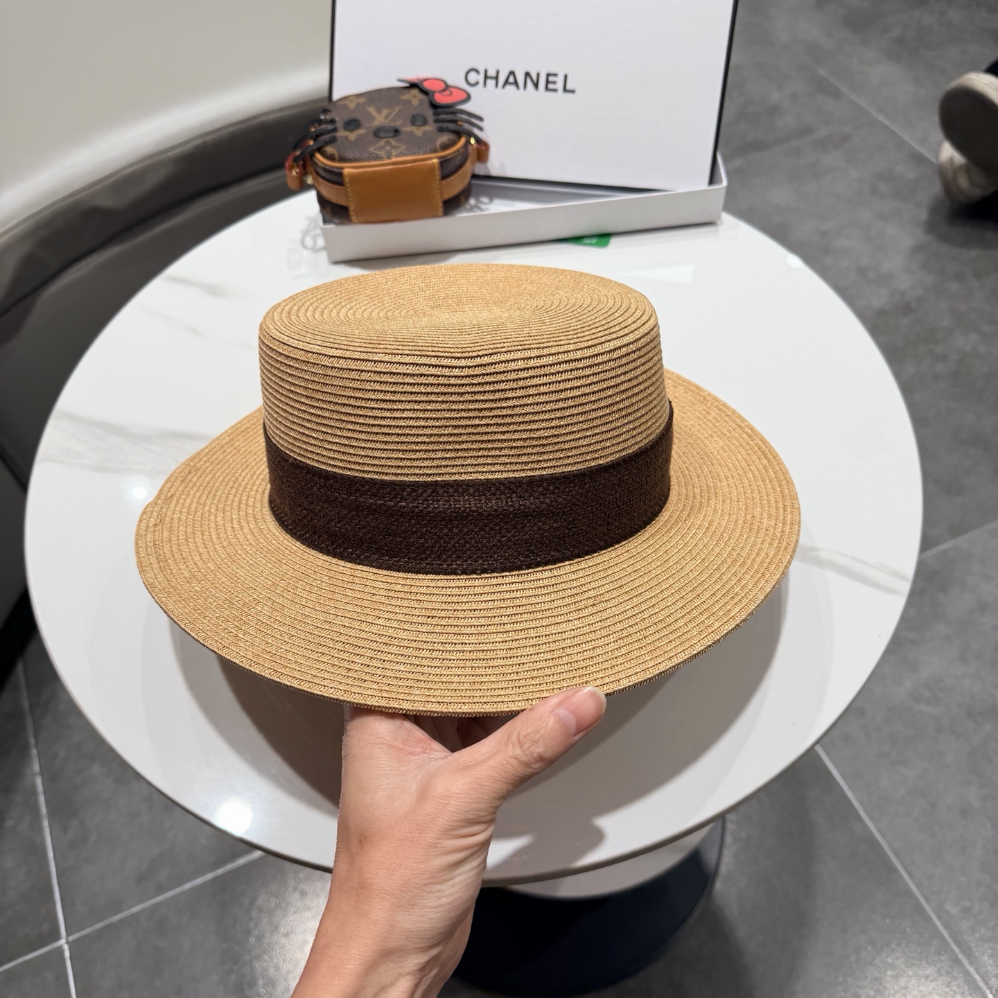 Chanel气质优雅礼帽法式名媛风大头围帽子平顶草帽海边度假太阳帽防晒帽
