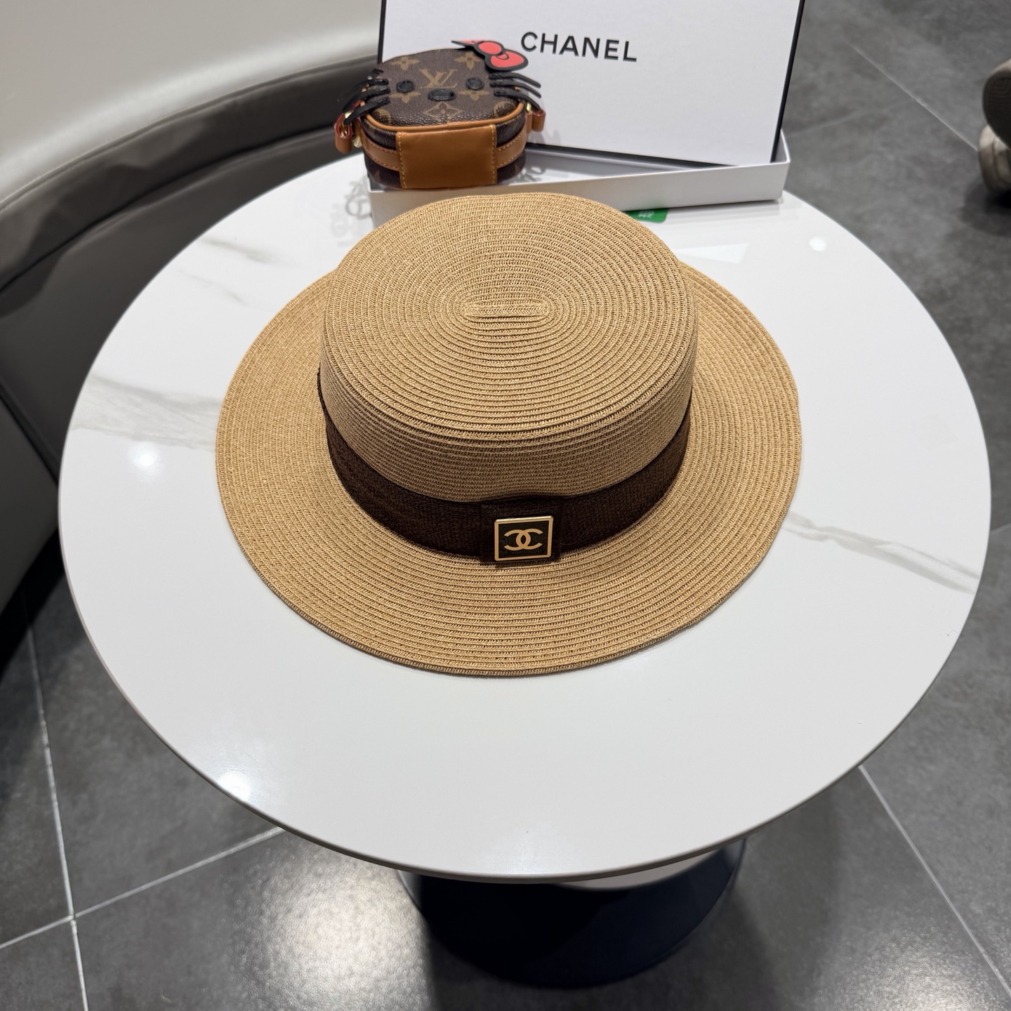 Chanel气质优雅礼帽法式名媛风大头围帽子平顶草帽海边度假太阳帽防晒帽