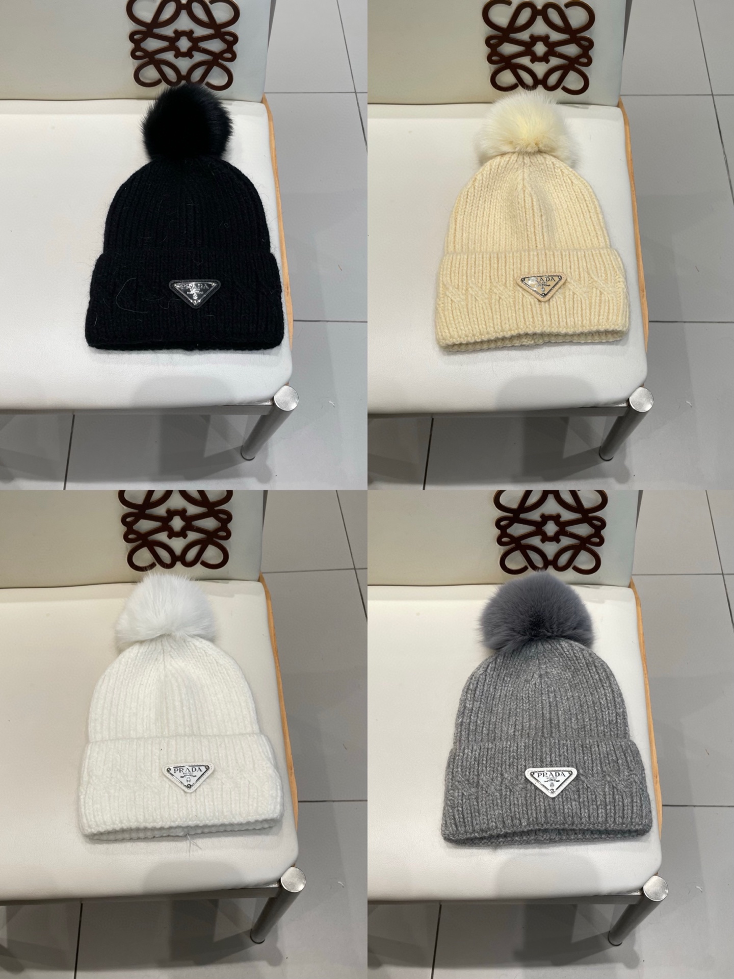 🧢普拉达PRADA👒 秋冬新款配狐狸毛球专柜针织毛线帽，超火爆💖质感一流，出街超好搭配！减龄神器