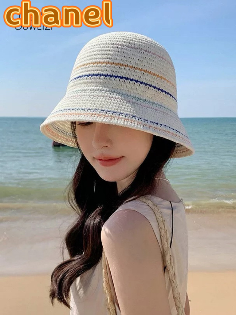 Chanel香奈儿针织渔夫帽镂空透气显脸小防晒水桶帽女款条纹海边沙滩遮阳太阳帽
