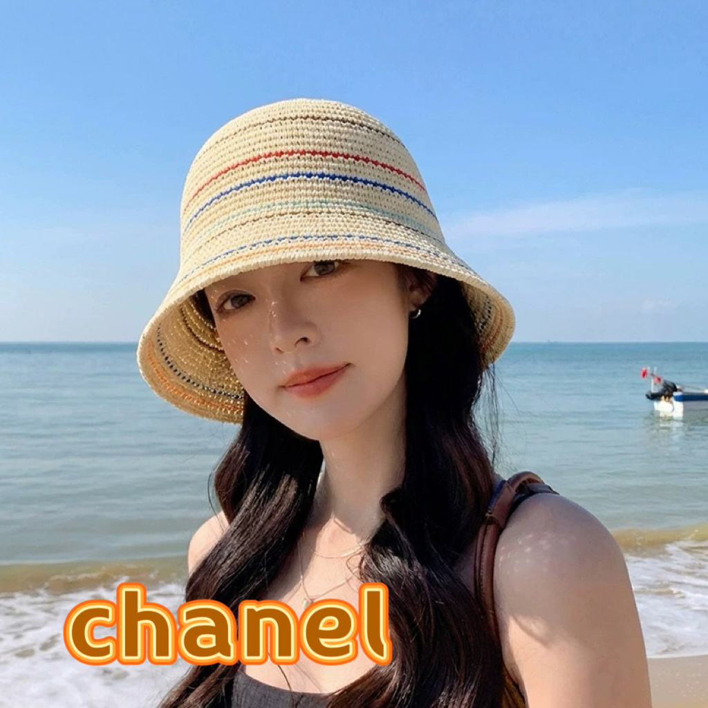 Chanel香奈儿针织渔夫帽镂空透气显脸小防晒水桶帽女款条纹海边沙滩遮阳太阳帽