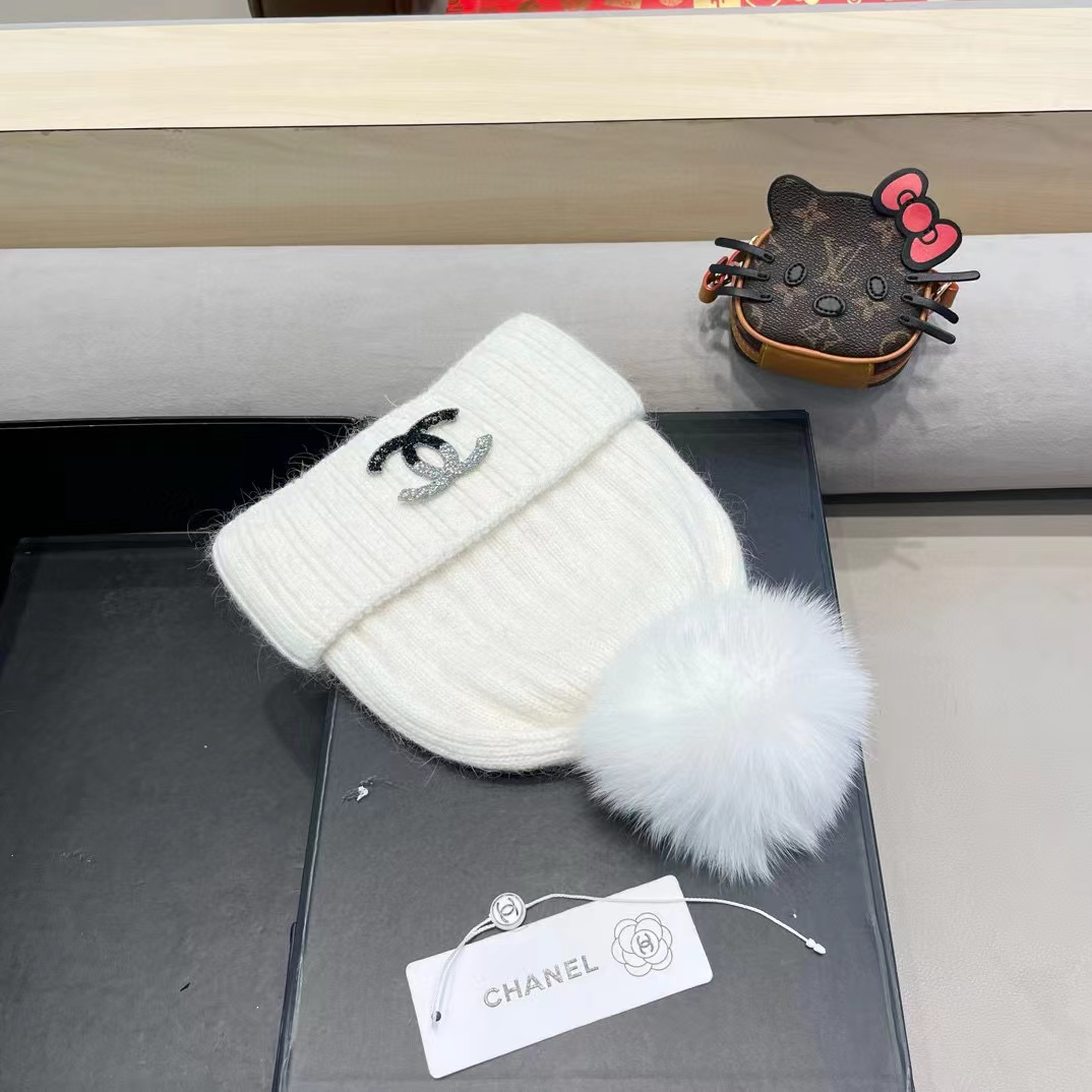 Chanel帽子女秋冬天韩国狐狸毛球帽休闲百搭保暖毛线帽加厚亲子针织帽潮