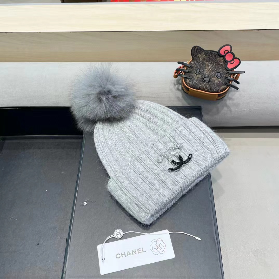 Chanel帽子女秋冬天韩国狐狸毛球帽休闲百搭保暖毛线帽加厚亲子针织帽潮