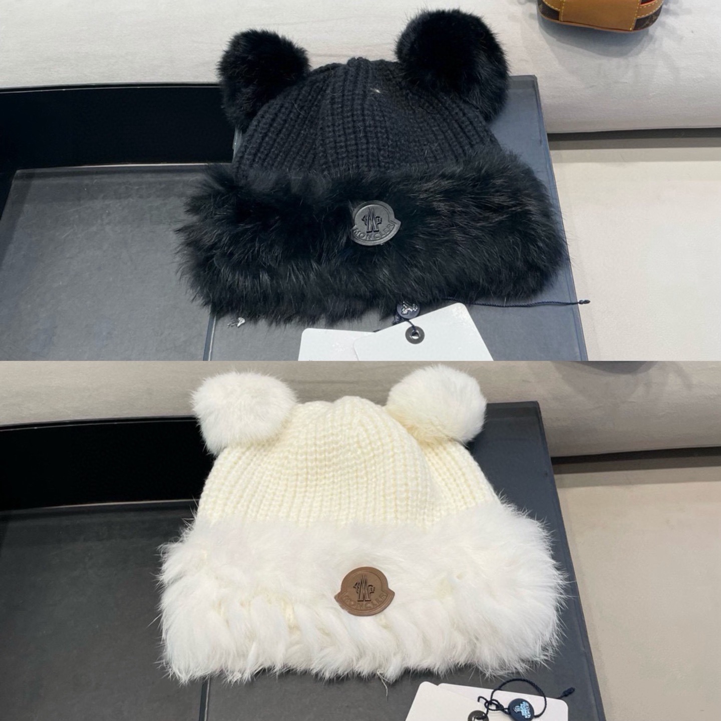 moncler毛绒针织帽子女冬季新款防寒保暖可爱小熊护耳帽加厚加绒帽子
