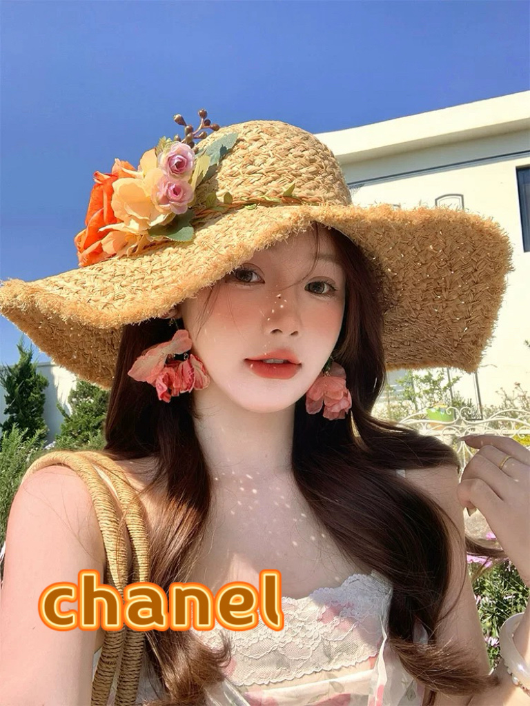 Chanel香奈儿拉菲草手工花朵草帽女夏季出游度假大帽檐遮阳防晒帽海边太阳帽子