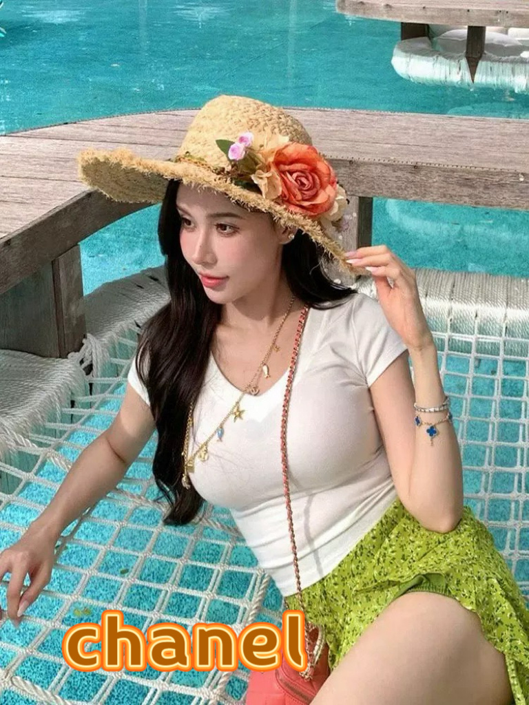 Chanel香奈儿拉菲草手工花朵草帽女夏季出游度假大帽檐遮阳防晒帽海边太阳帽子