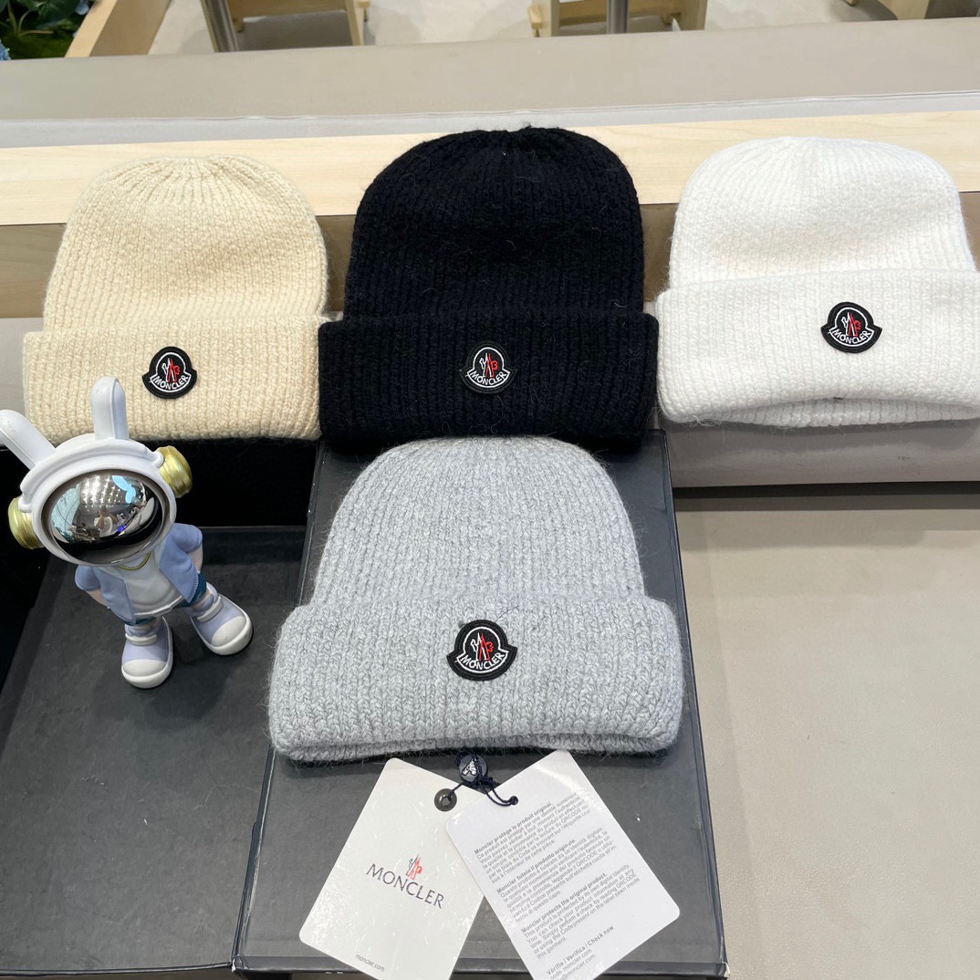 moncler定制款纯色兔毛针织帽秋冬毛线保暖帽子网红百搭防风显脸小堆堆帽