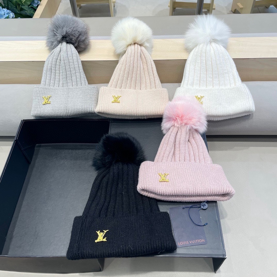 lv路易威登针织帽子女秋冬季真狐狸毛球毛线帽防寒冬天加厚保暖护耳韩版百搭