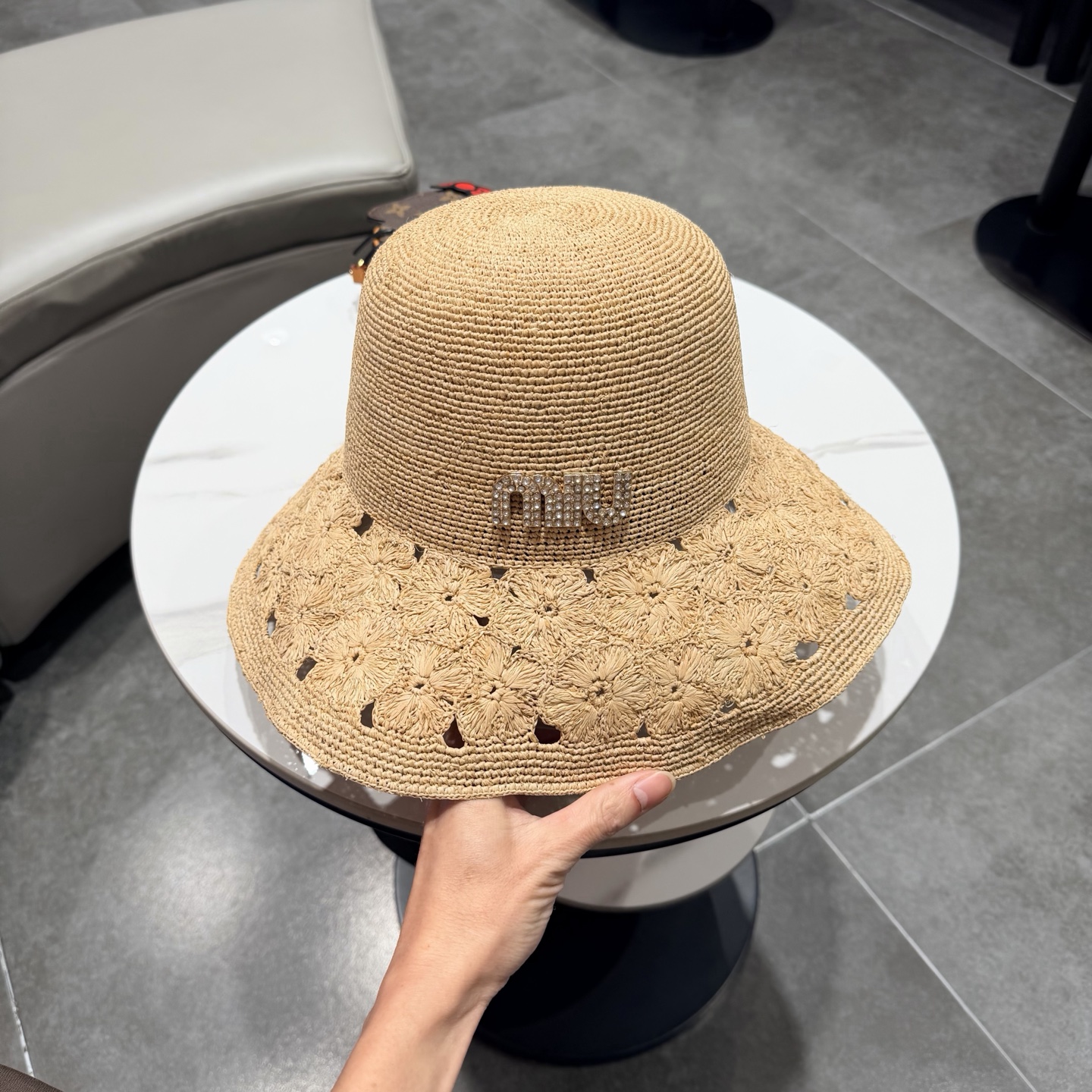 缪缪muumiu手工钩针拉菲草可折叠镂空花朵遮阳帽女夏季大帽檐防晒沙滩帽草帽