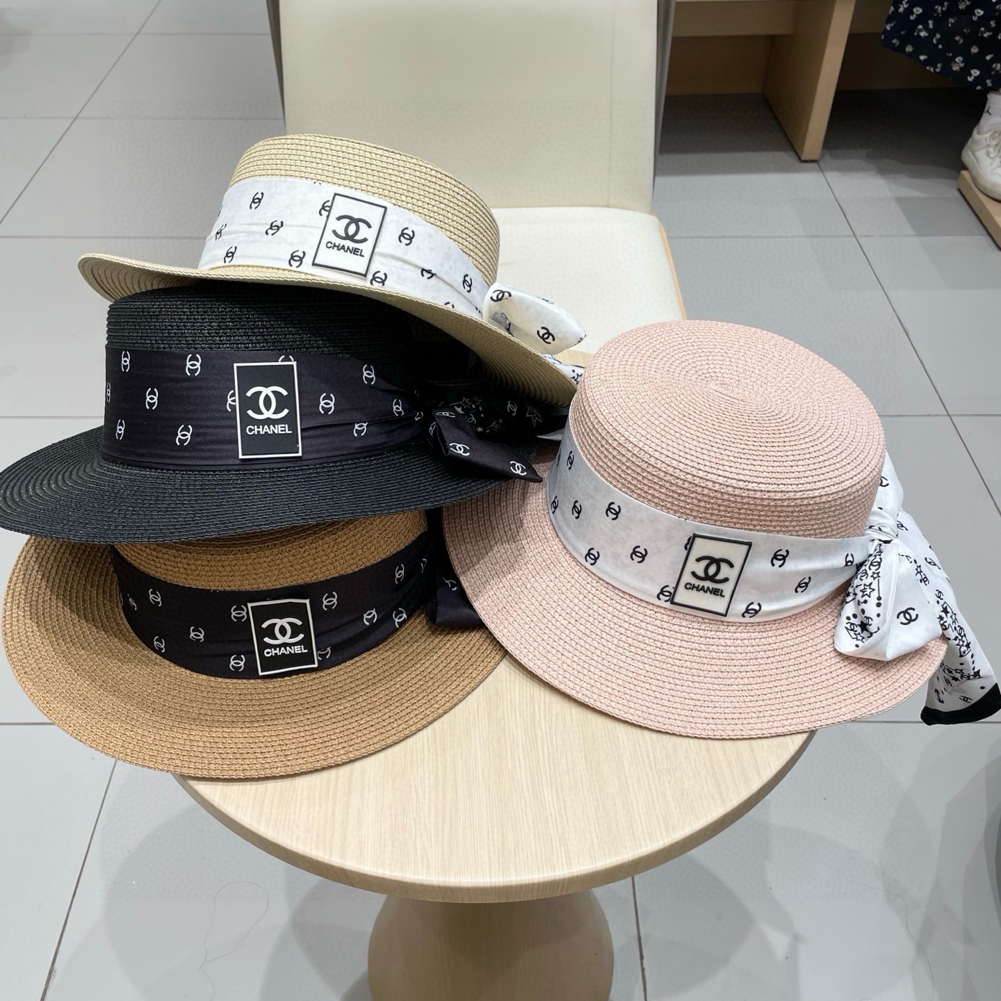 Chanel香奈儿平顶礼帽，遮阳草帽，头围57cm