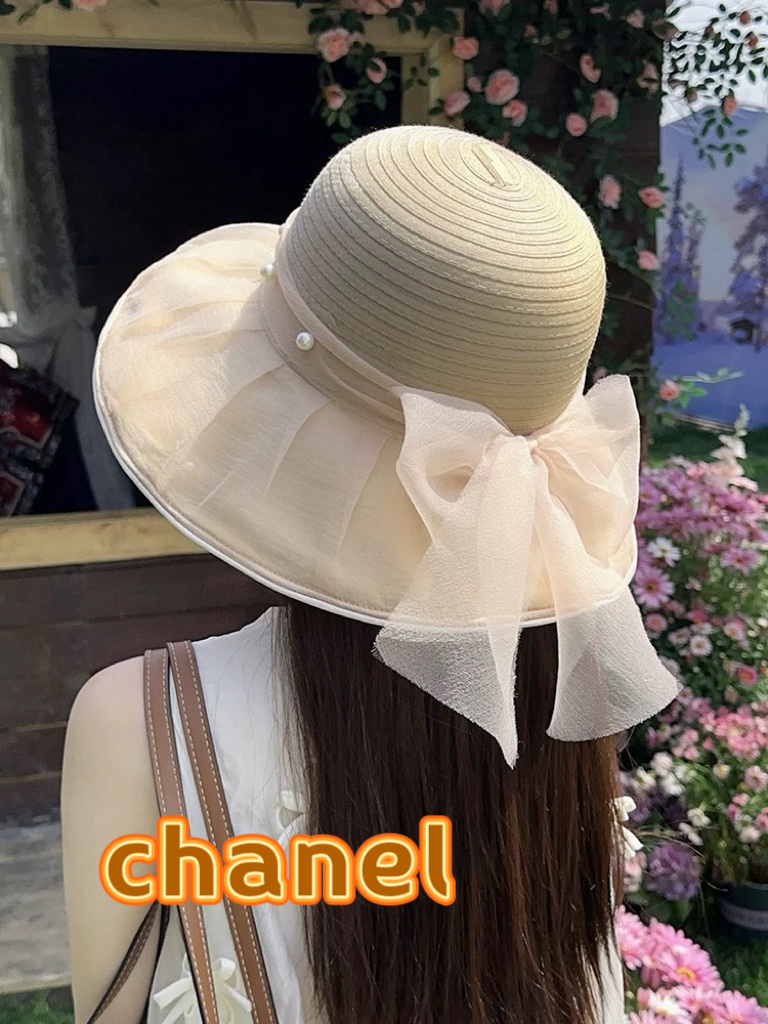 chanel香奈儿朵澜法式复古帽子女网纱赫本草帽折叠草编户外遮阳帽防晒帽紫外线