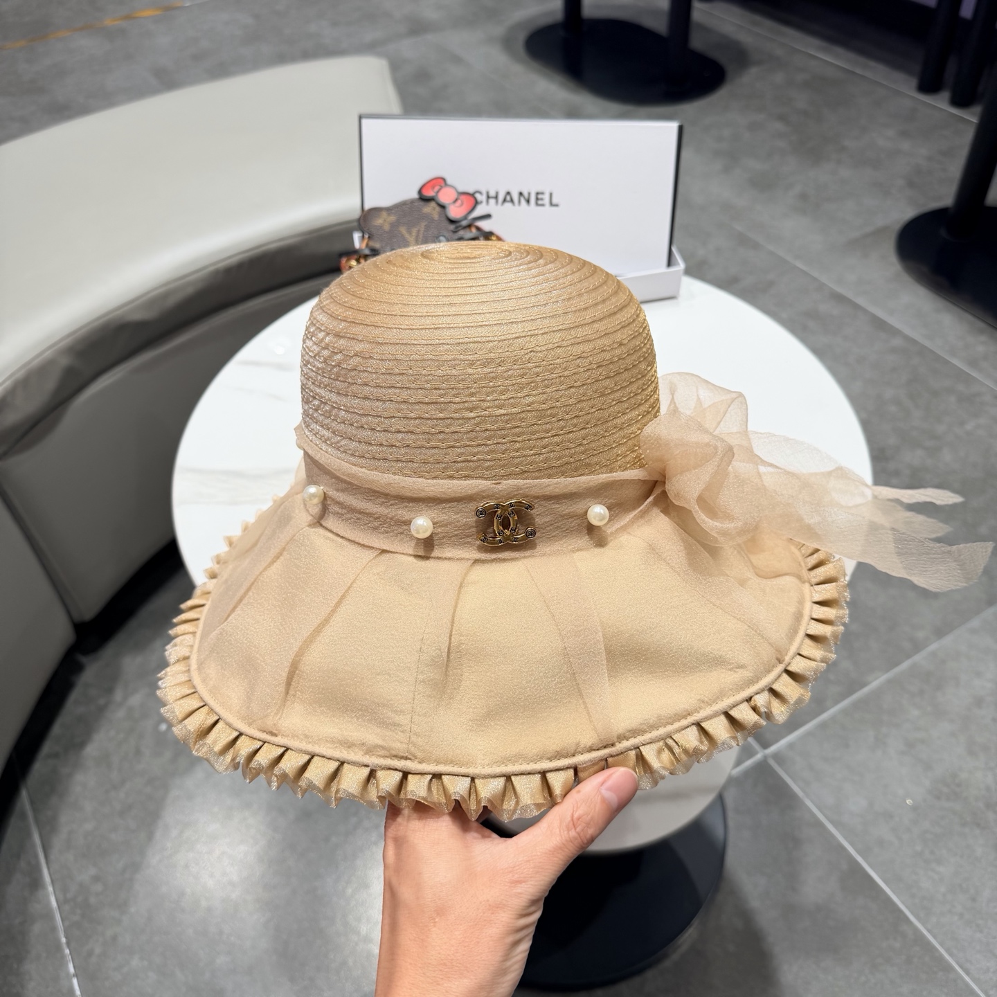 chanel香奈儿朵澜法式复古帽子女网纱赫本草帽折叠草编户外遮阳帽防晒帽紫外线