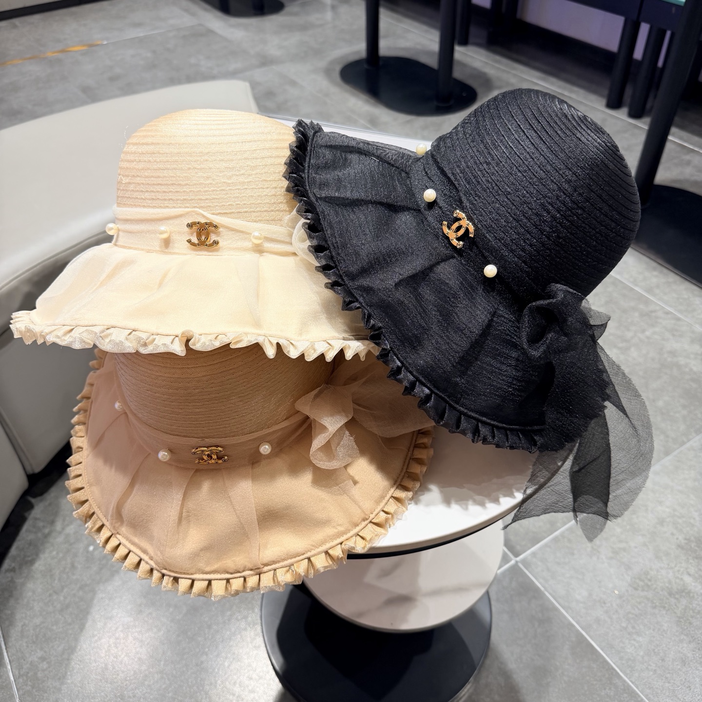 chanel香奈儿朵澜法式复古帽子女网纱赫本草帽折叠草编户外遮阳帽防晒帽紫外线