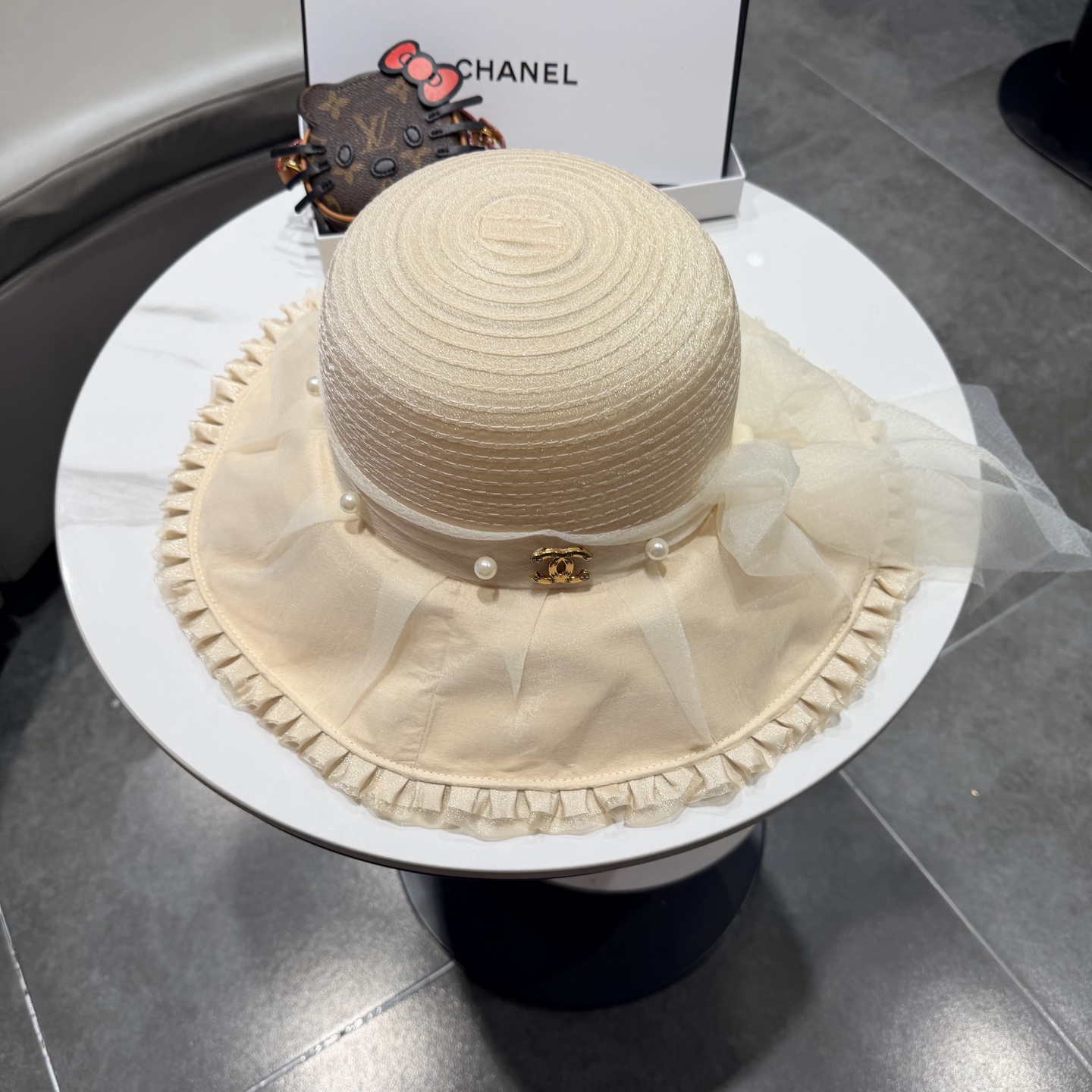 chanel香奈儿朵澜法式复古帽子女网纱赫本草帽折叠草编户外遮阳帽防晒帽紫外线