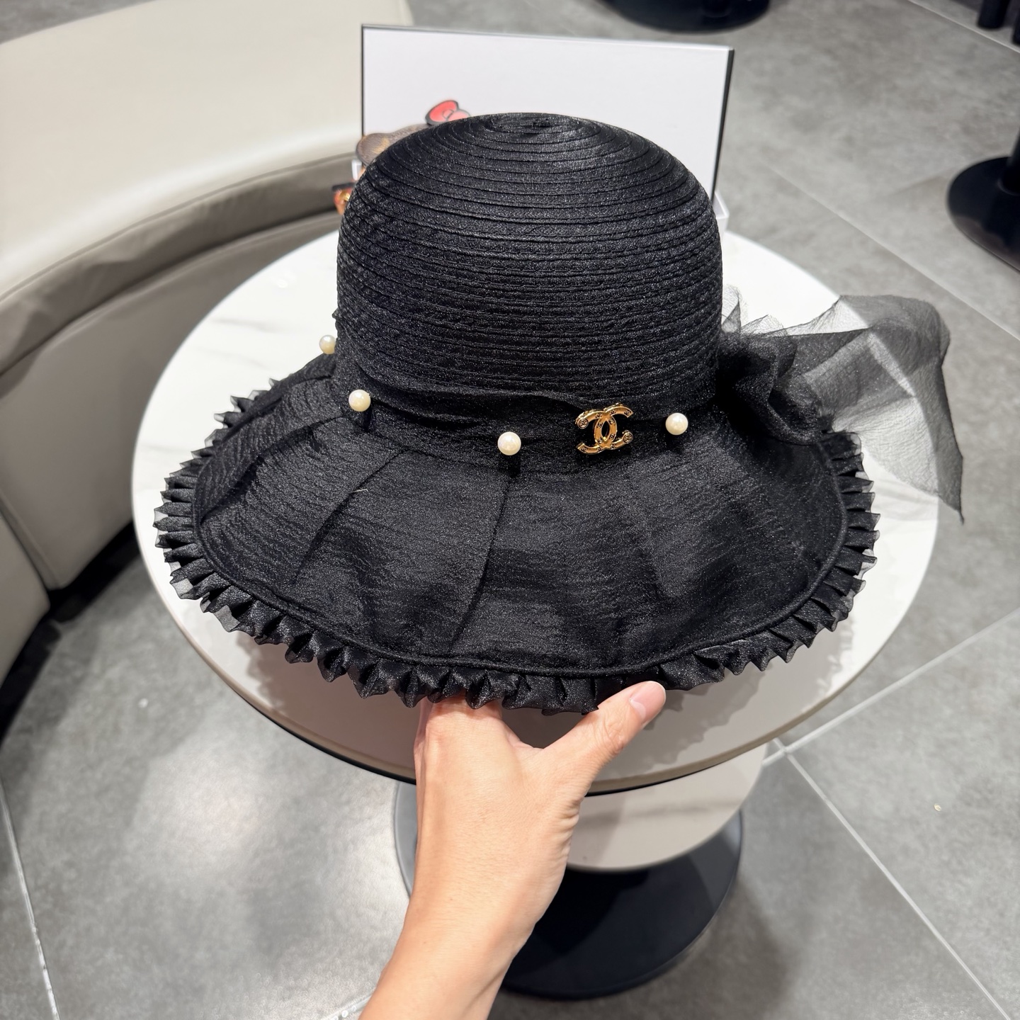 chanel香奈儿朵澜法式复古帽子女网纱赫本草帽折叠草编户外遮阳帽防晒帽紫外线