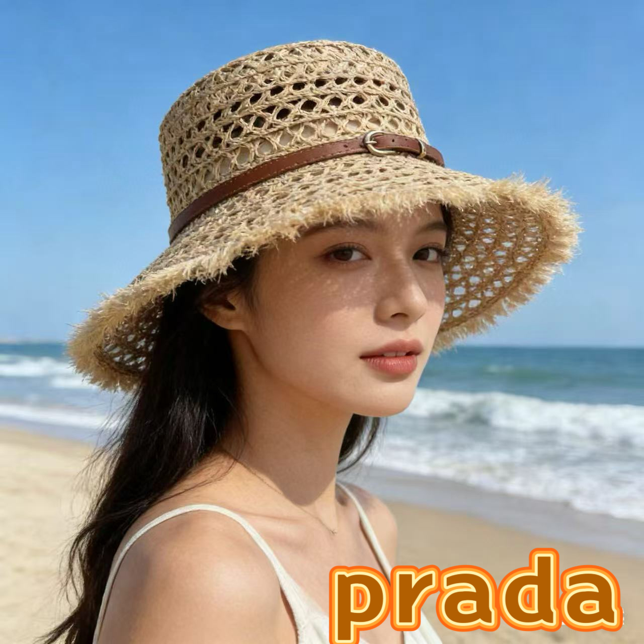 PRADA普拉达2026夏新款拉菲草法式平顶遮阳帽沙滩帽镂空太阳帽大牌感防晒帽