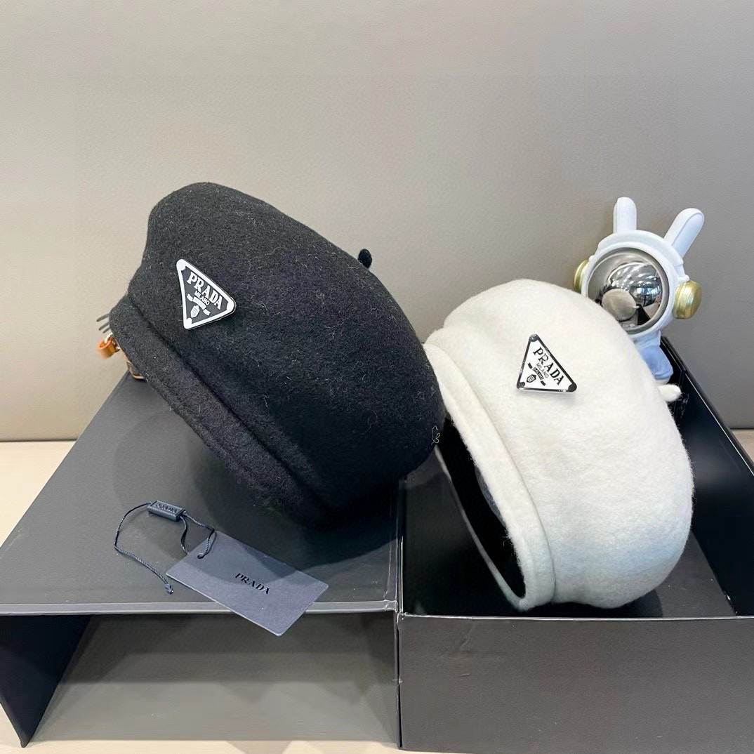 普拉达PRADA 秋冬季2024新款羊毛呢保暖贝雷帽子女韩版网红大头围显脸小画家帽