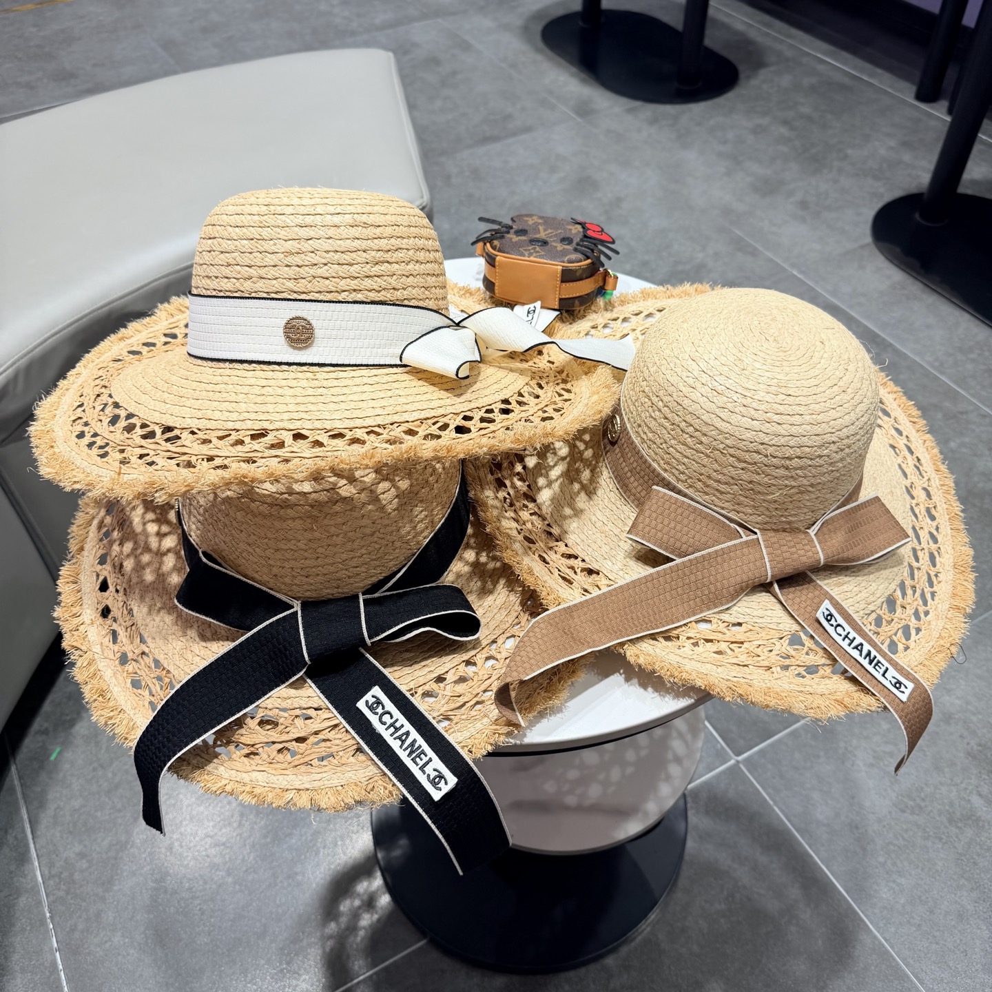 chabel香奈儿拉菲草帽飘带草帽大檐度假遮阳帽蝴蝶结沙滩防晒加厚拉菲草