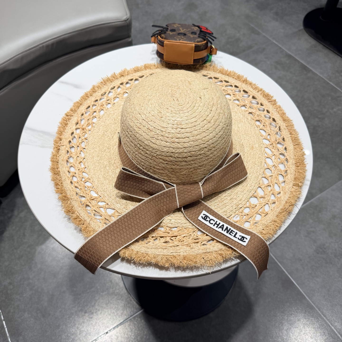 chabel香奈儿拉菲草帽飘带草帽大檐度假遮阳帽蝴蝶结沙滩防晒加厚拉菲草