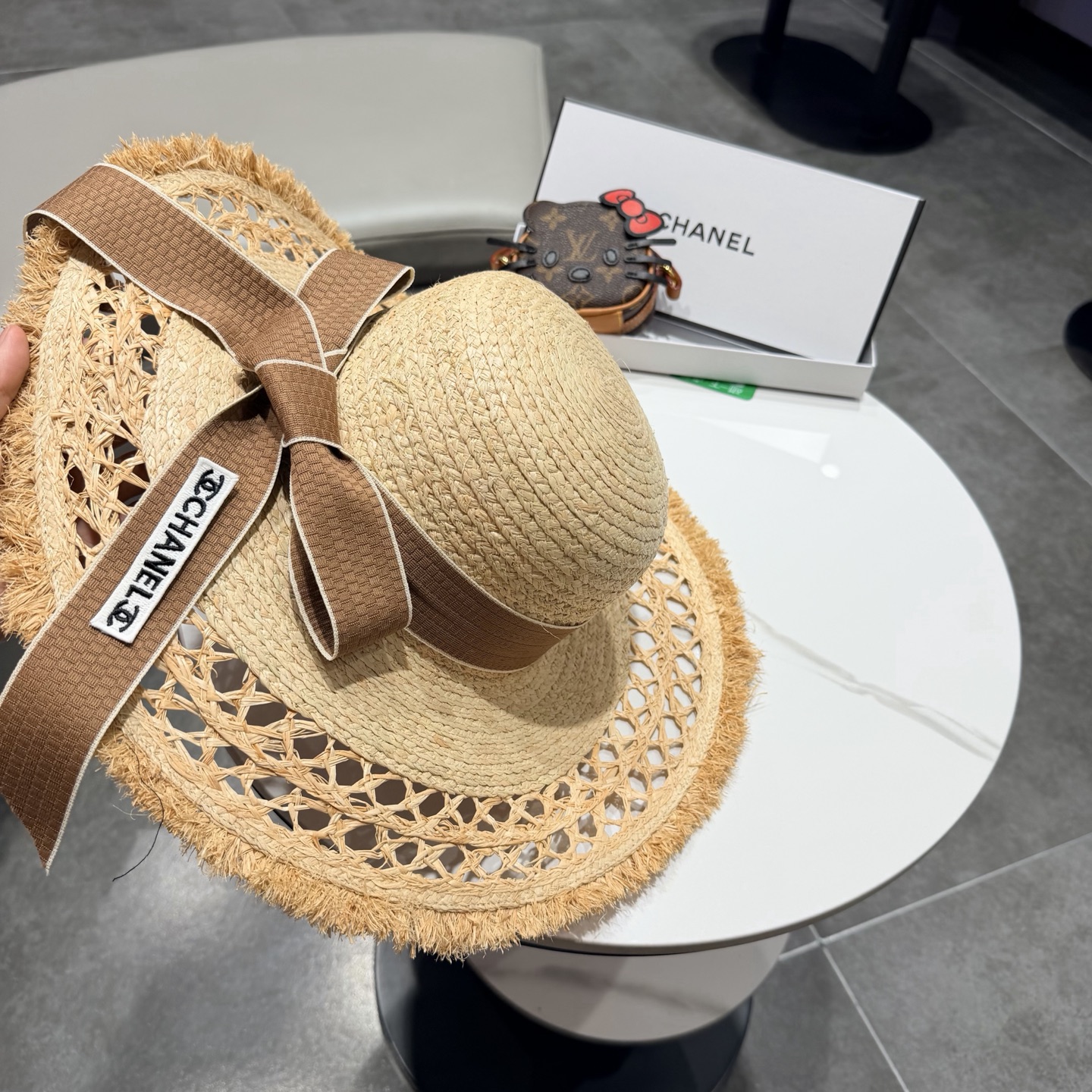 chabel香奈儿拉菲草帽飘带草帽大檐度假遮阳帽蝴蝶结沙滩防晒加厚拉菲草