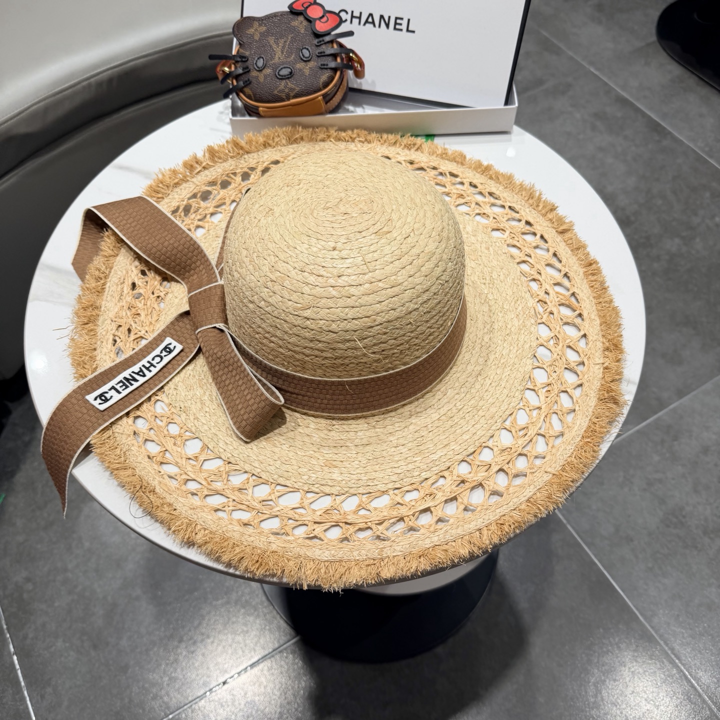 chabel香奈儿拉菲草帽飘带草帽大檐度假遮阳帽蝴蝶结沙滩防晒加厚拉菲草
