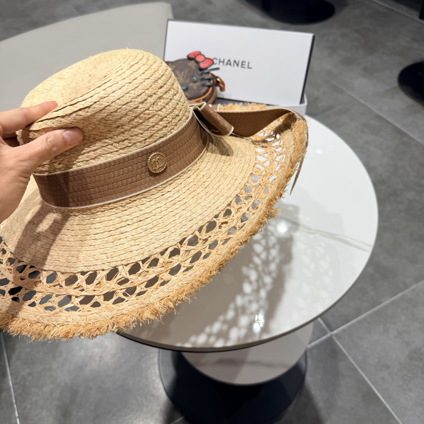 chabel香奈儿拉菲草帽飘带草帽大檐度假遮阳帽蝴蝶结沙滩防晒加厚拉菲草