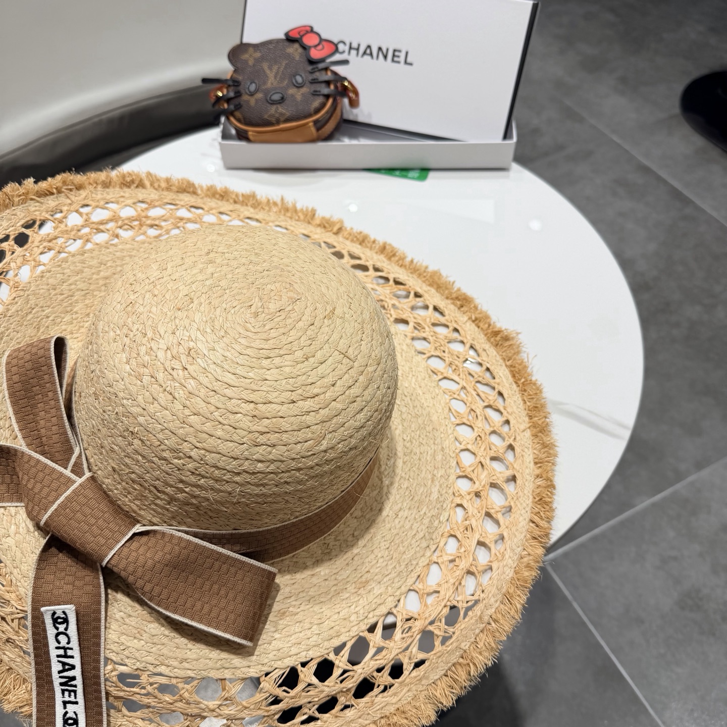 chabel香奈儿拉菲草帽飘带草帽大檐度假遮阳帽蝴蝶结沙滩防晒加厚拉菲草