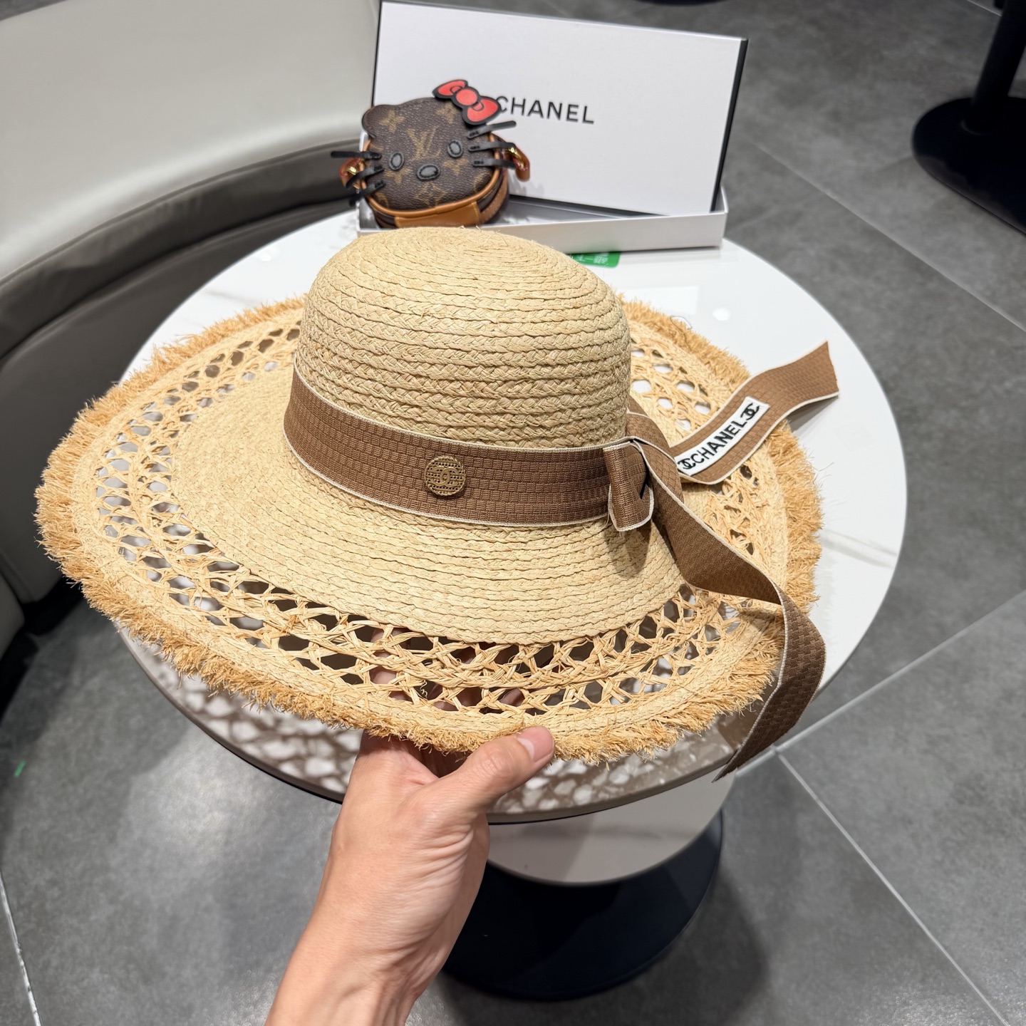chabel香奈儿拉菲草帽飘带草帽大檐度假遮阳帽蝴蝶结沙滩防晒加厚拉菲草