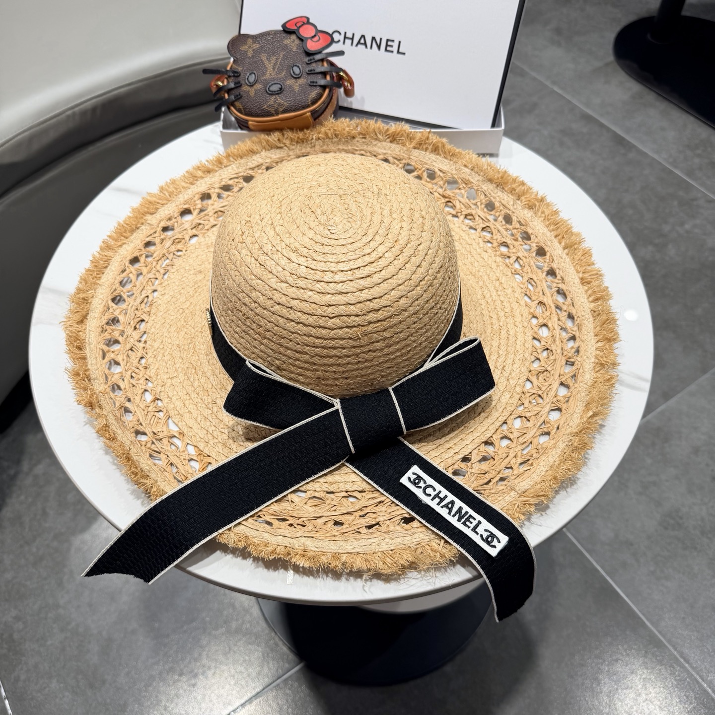 chabel香奈儿拉菲草帽飘带草帽大檐度假遮阳帽蝴蝶结沙滩防晒加厚拉菲草