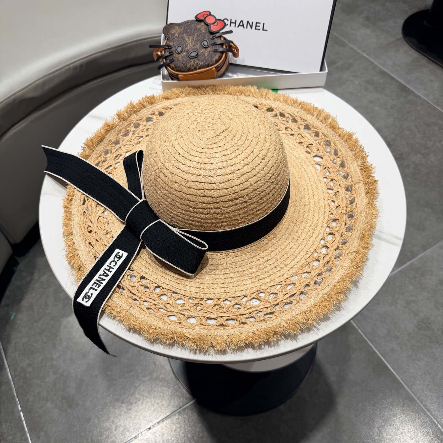 chabel香奈儿拉菲草帽飘带草帽大檐度假遮阳帽蝴蝶结沙滩防晒加厚拉菲草