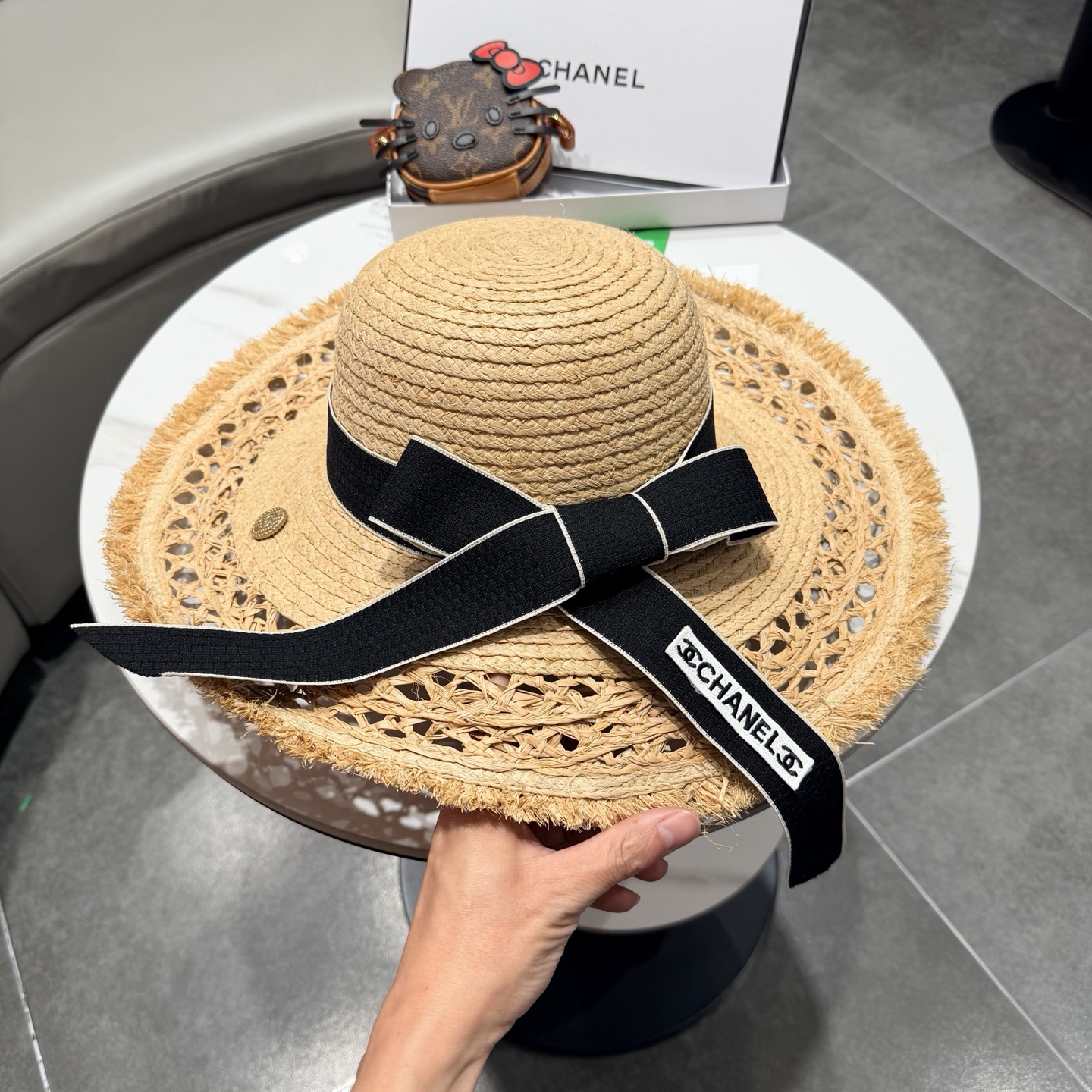 chabel香奈儿拉菲草帽飘带草帽大檐度假遮阳帽蝴蝶结沙滩防晒加厚拉菲草
