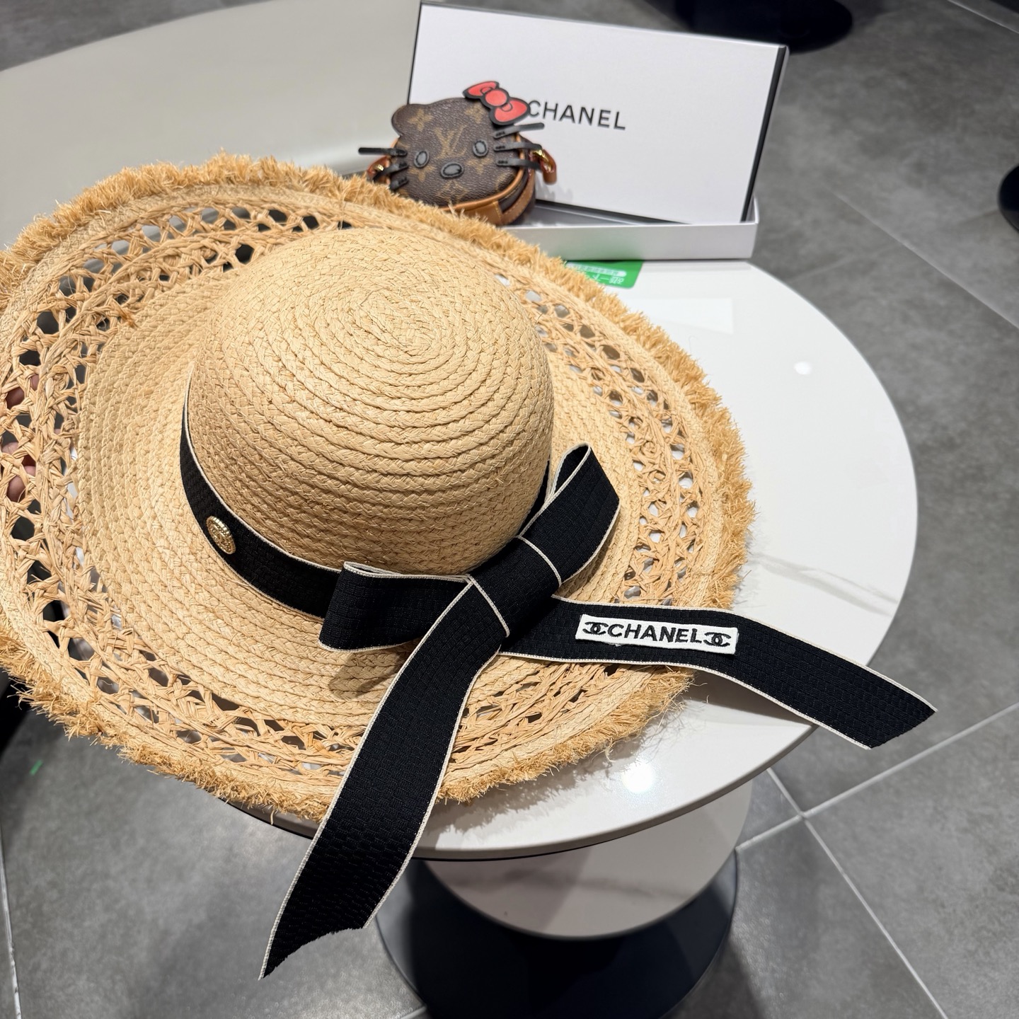 chabel香奈儿拉菲草帽飘带草帽大檐度假遮阳帽蝴蝶结沙滩防晒加厚拉菲草